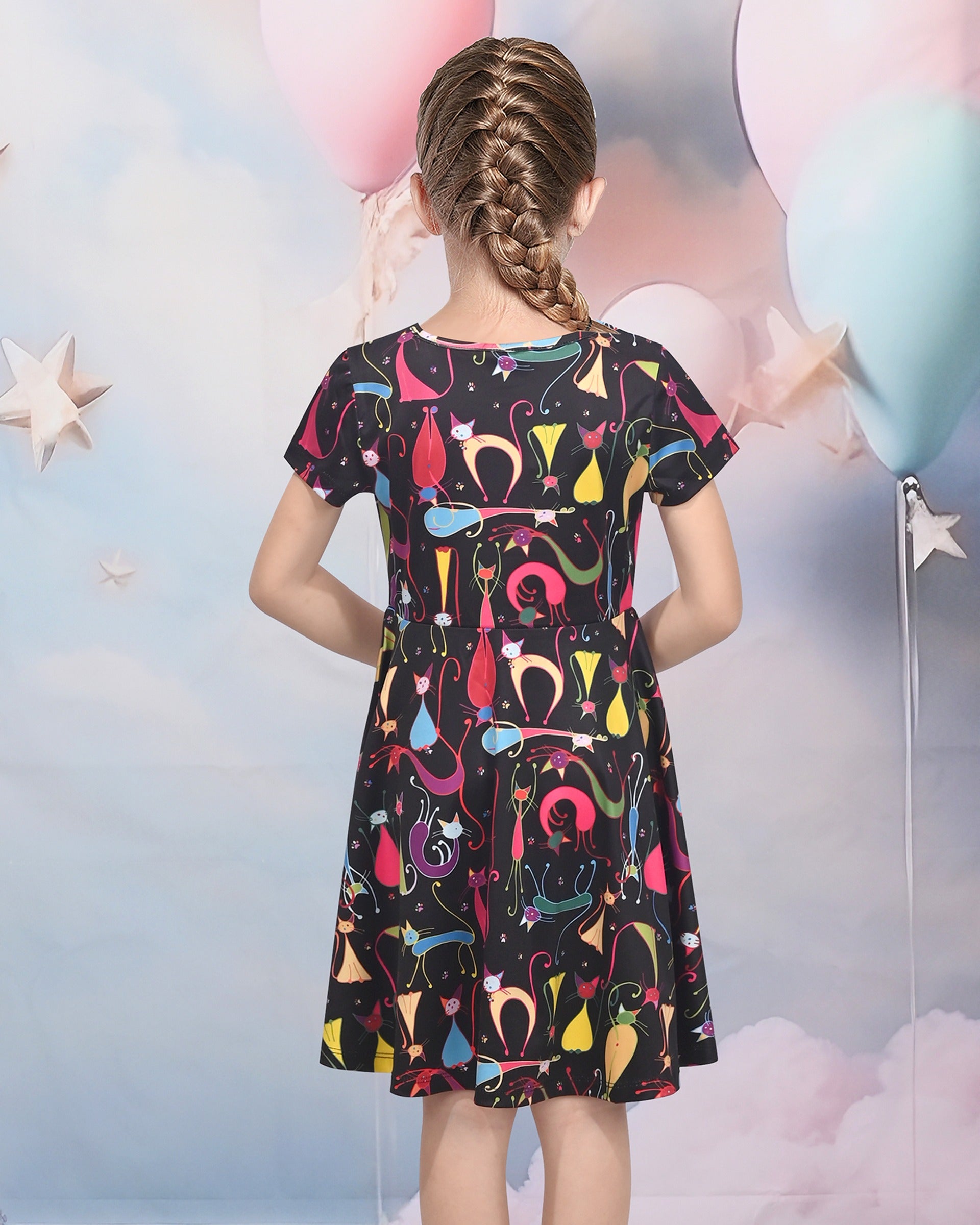 Girls Dress Blue Unicorn Short Sleeve Casual Dress Multi-Color