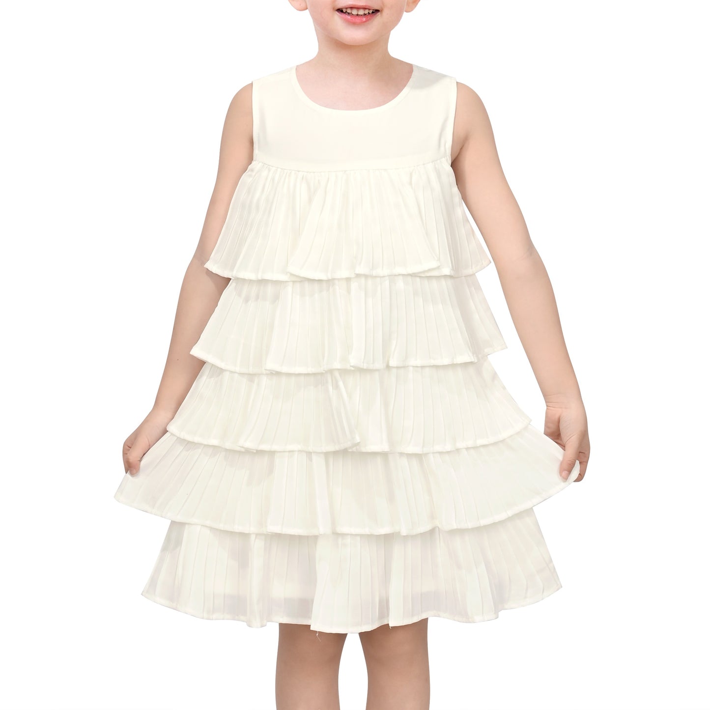 Girls Dress Beige Lace A-Line with Tiered Ruffle Hem Sleeveless Round Neck Party Wedding White