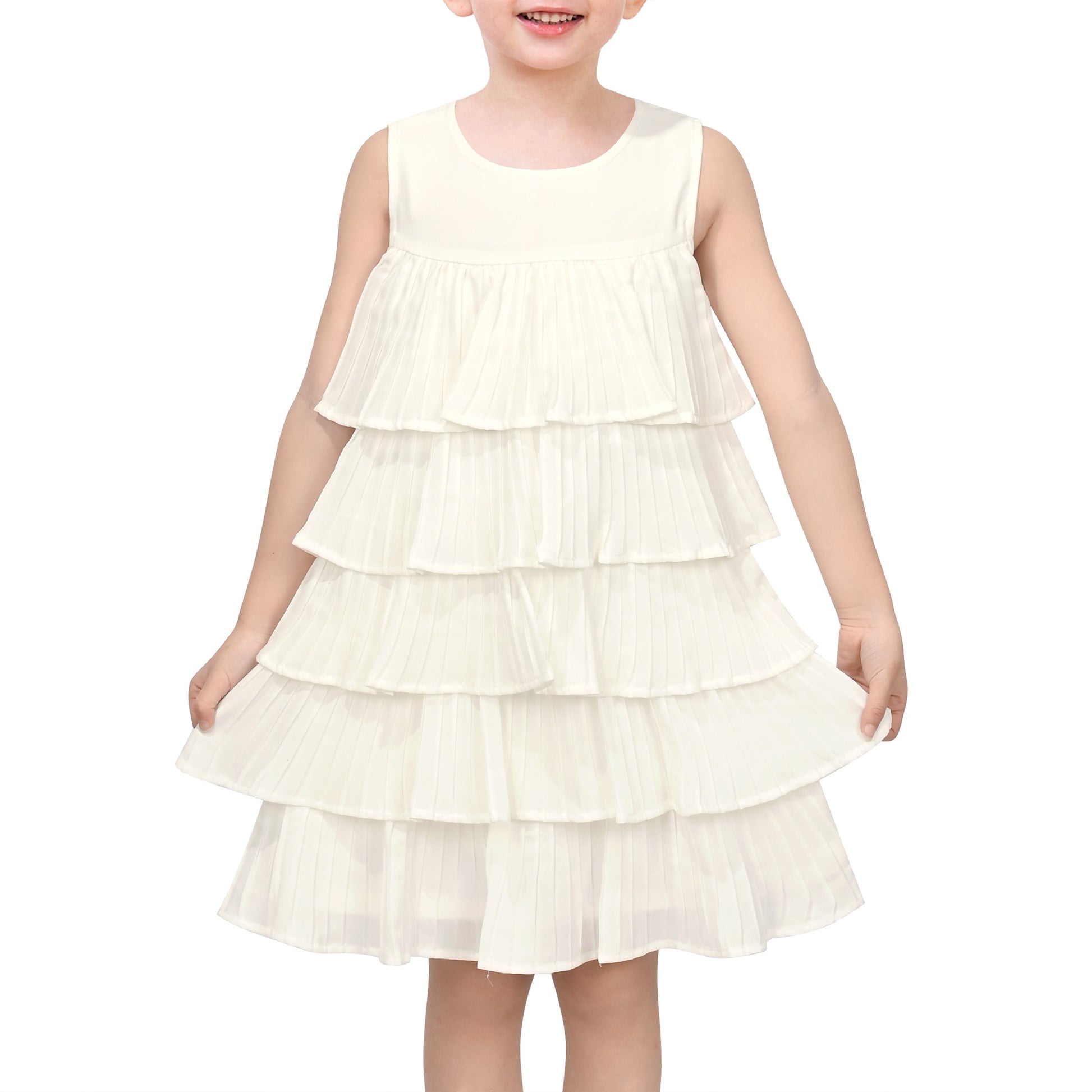 Girls Dress Beige Lace A-Line with Tiered Ruffle Hem Sleeveless Round Neck Party Wedding White