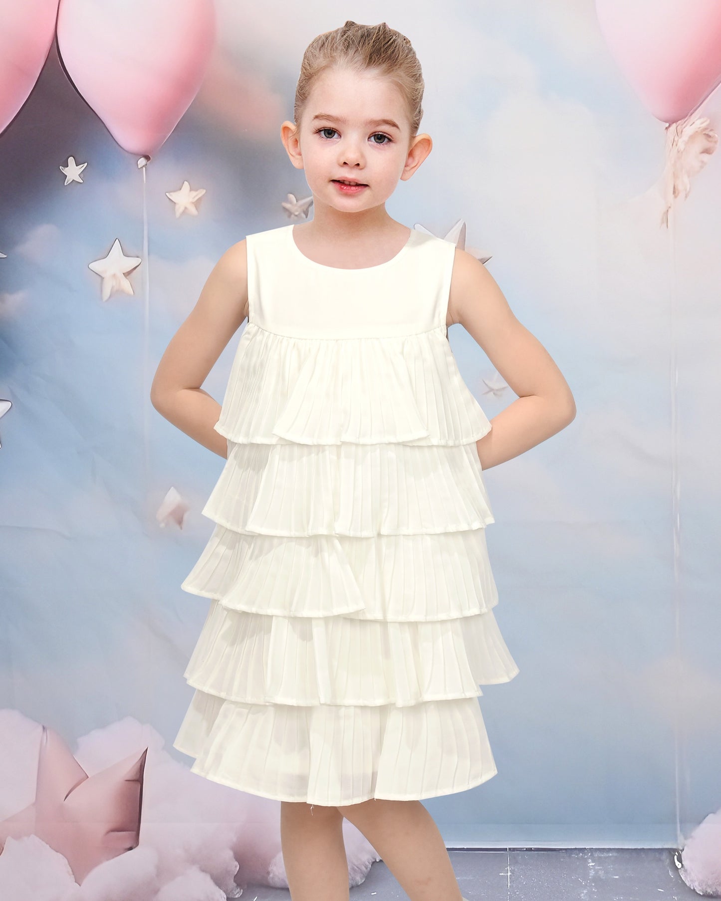 Girls Dress Beige Lace A-Line with Tiered Ruffle Hem Sleeveless Round Neck Party Wedding White