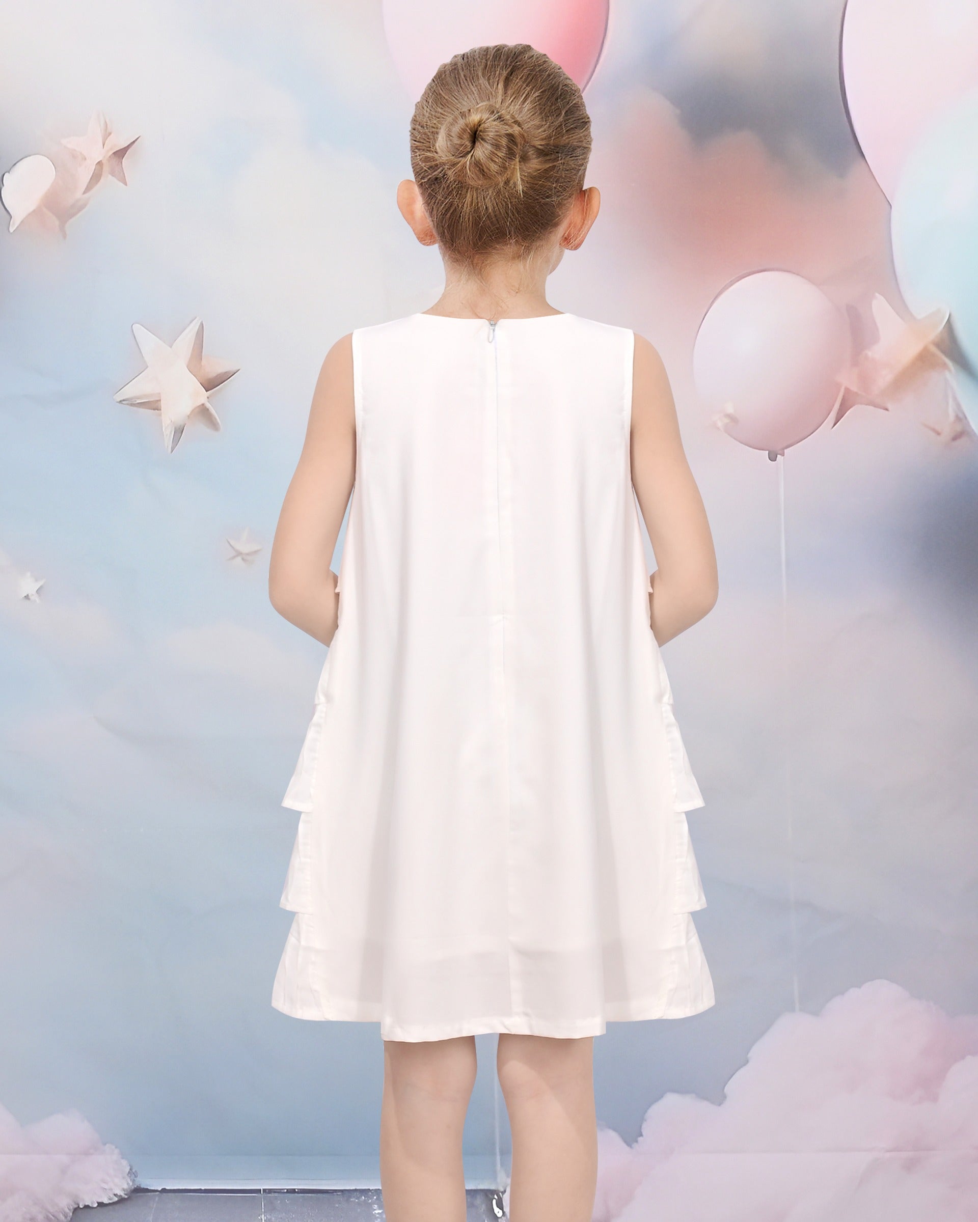 Girls Dress Beige Lace A-Line with Tiered Ruffle Hem Sleeveless Round Neck Party Wedding White