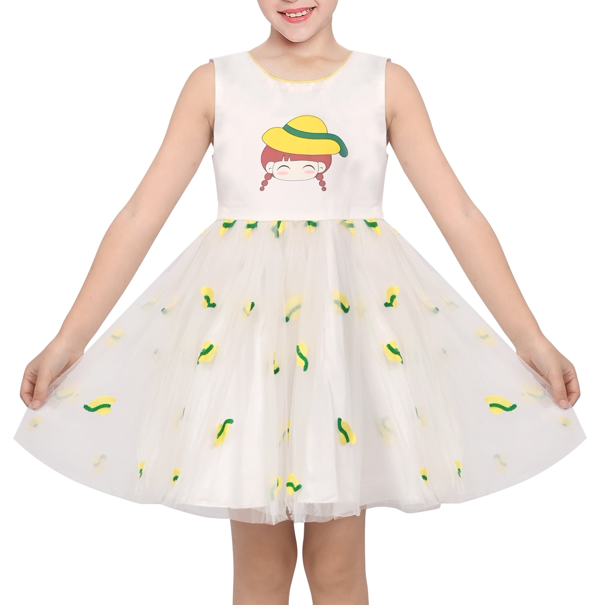 Girls Dress Cartoon Girl Pattern Tulle Overlay Party Pageant White