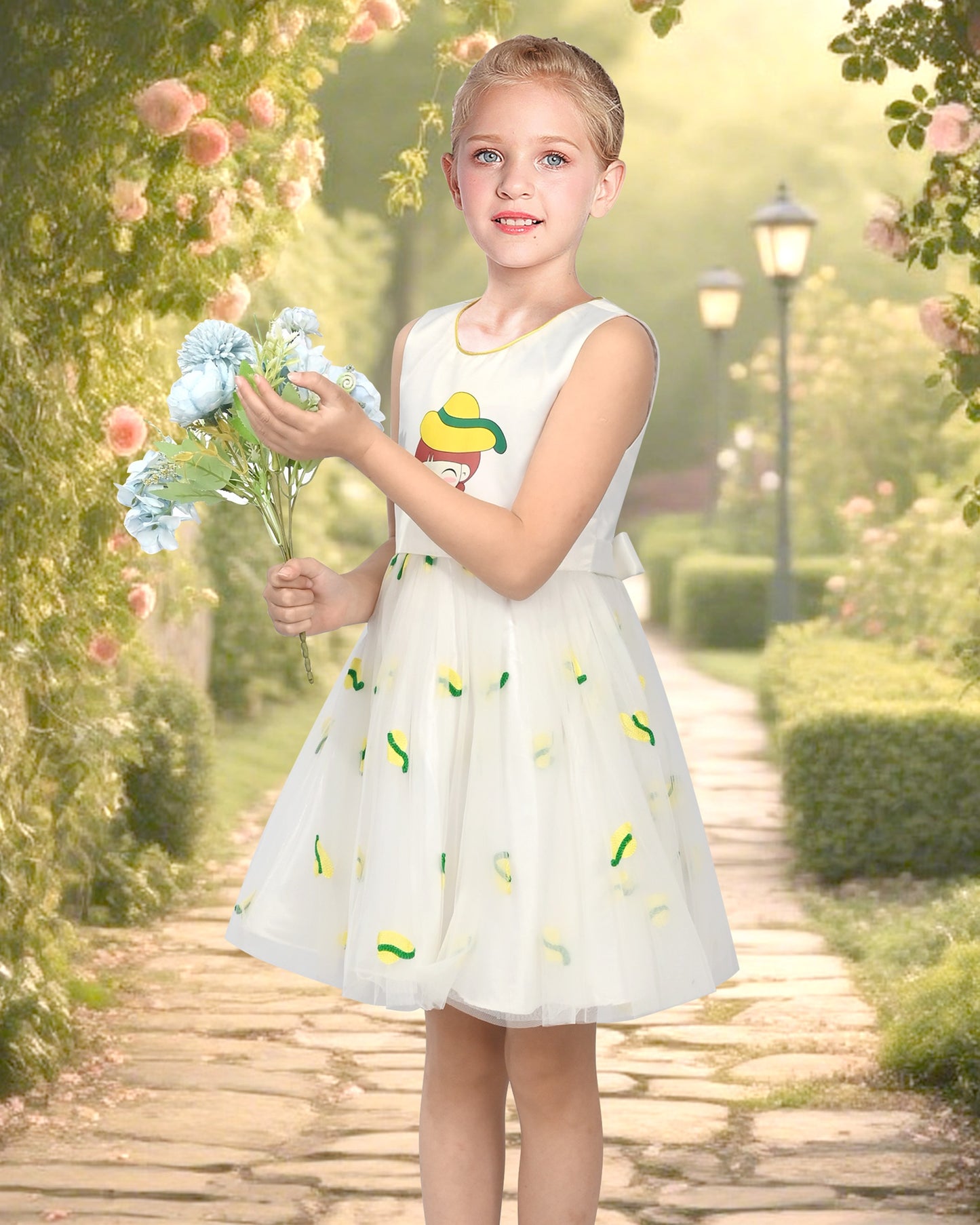 Girls Dress Cartoon Girl Pattern Tulle Overlay Party Pageant White