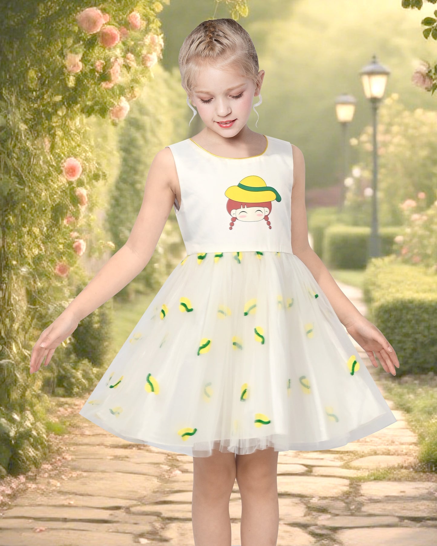 Girls Dress Cartoon Girl Pattern Tulle Overlay Party Pageant White