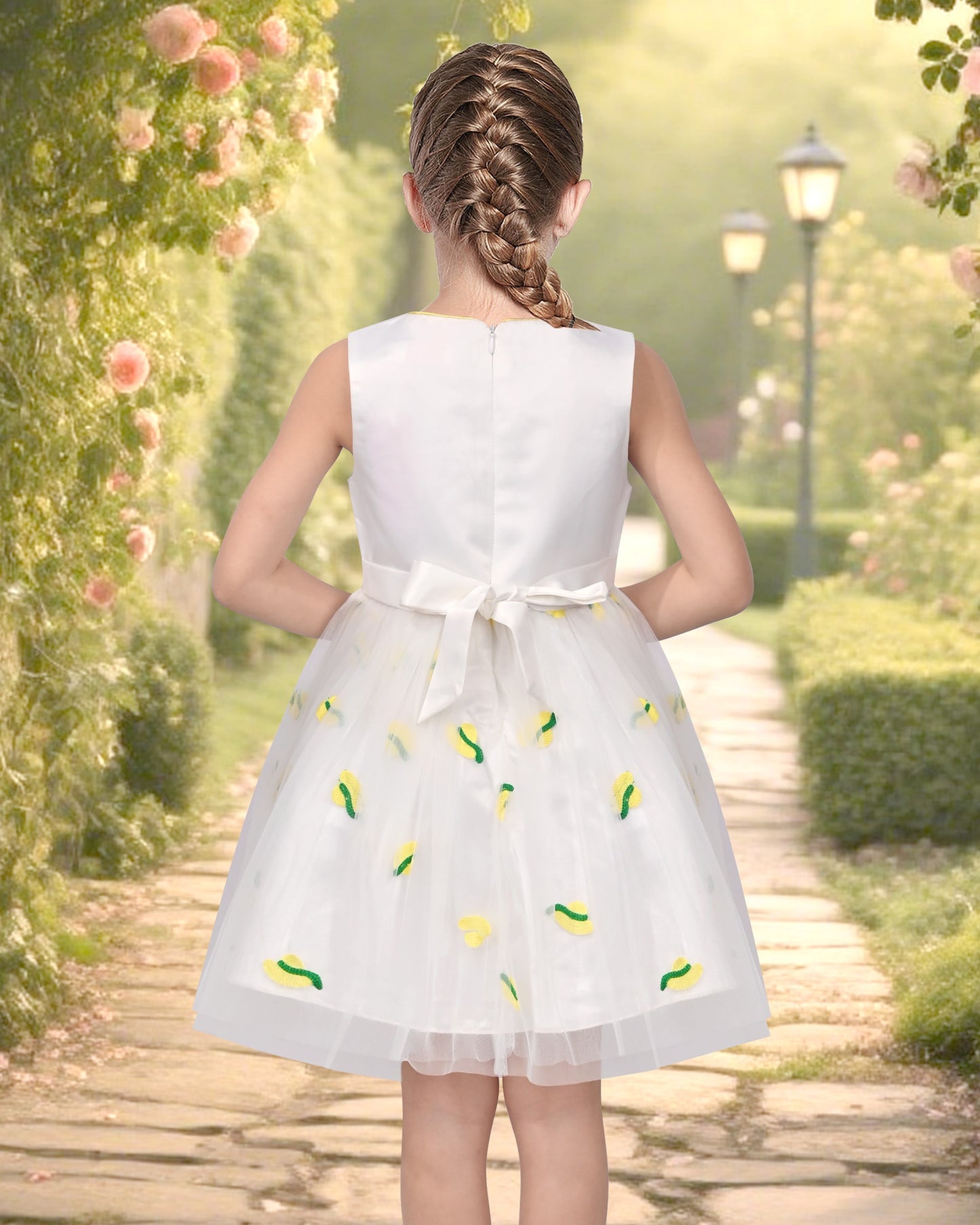 Girls Dress Cartoon Girl Pattern Tulle Overlay Party Pageant White