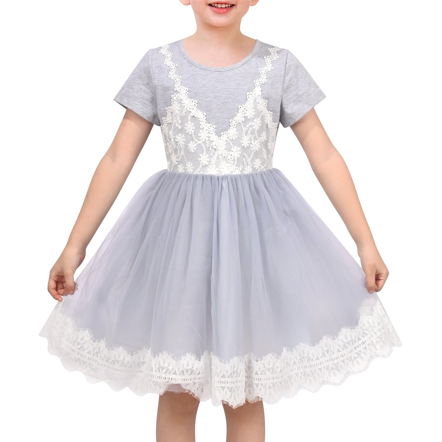 Girls Dress Dancing Girl Print Tutu Short Sleeve Sundress Gray