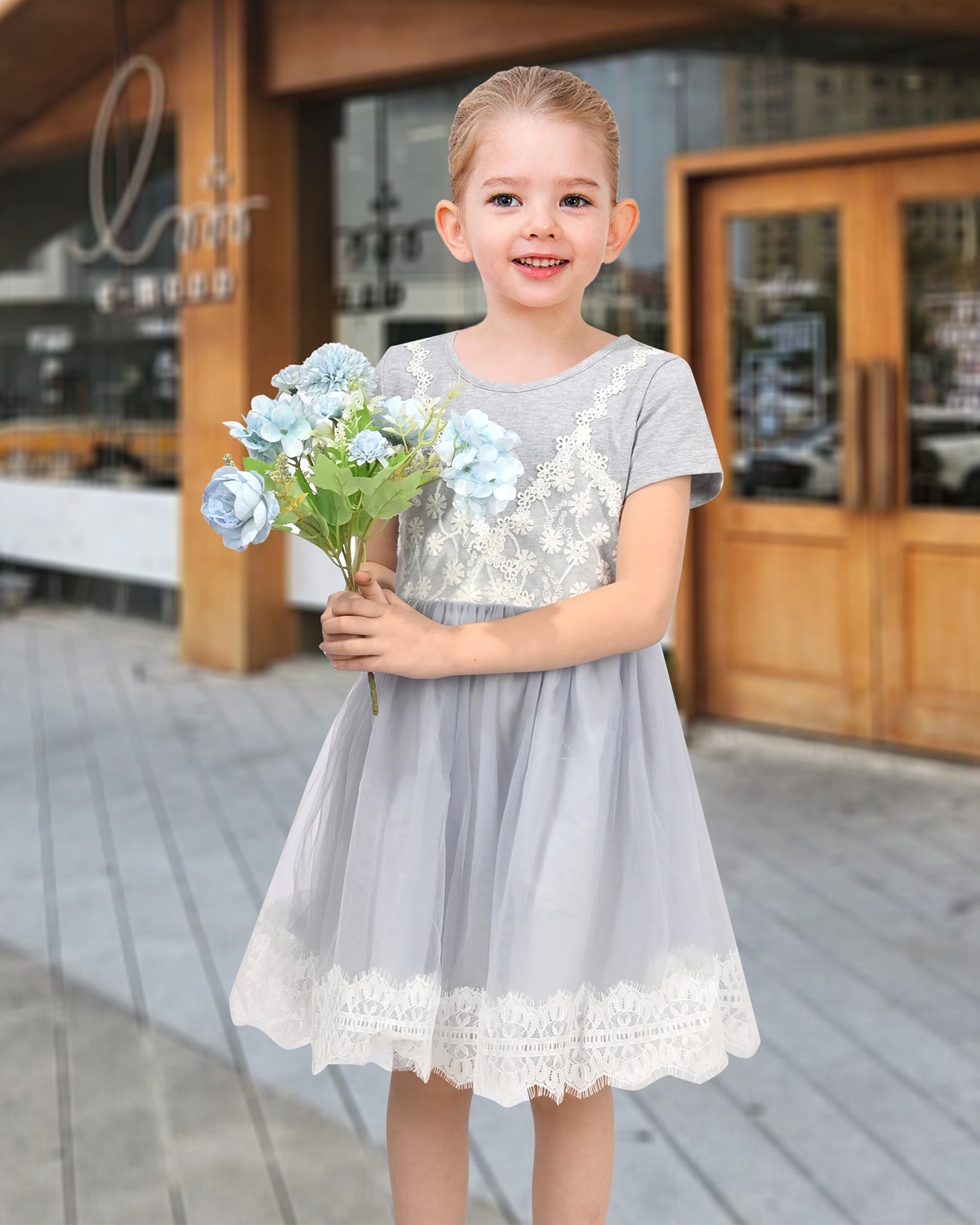 Girls Dress Dancing Girl Print Tutu Short Sleeve Sundress Gray