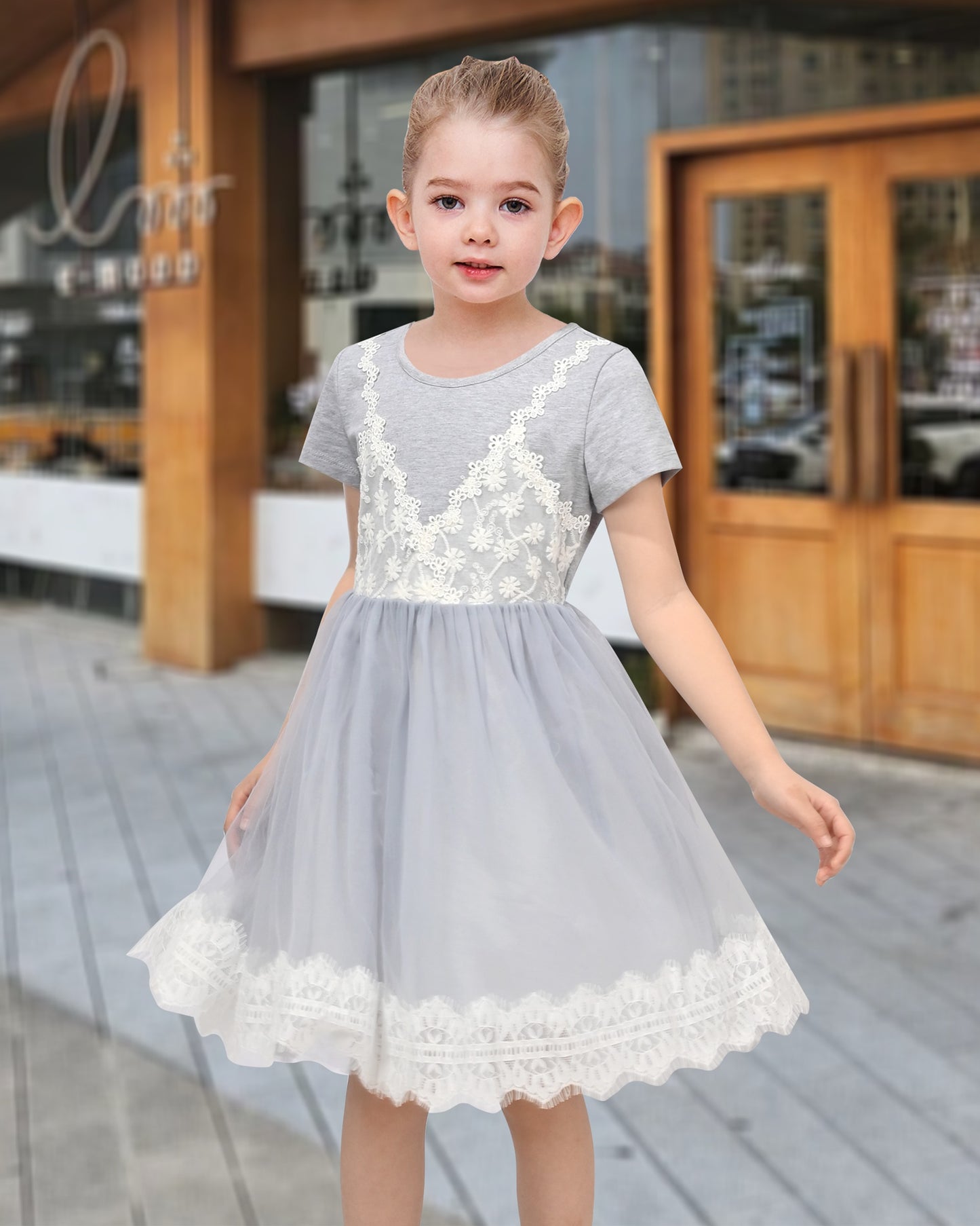 Girls Dress Dancing Girl Print Tutu Short Sleeve Sundress Gray
