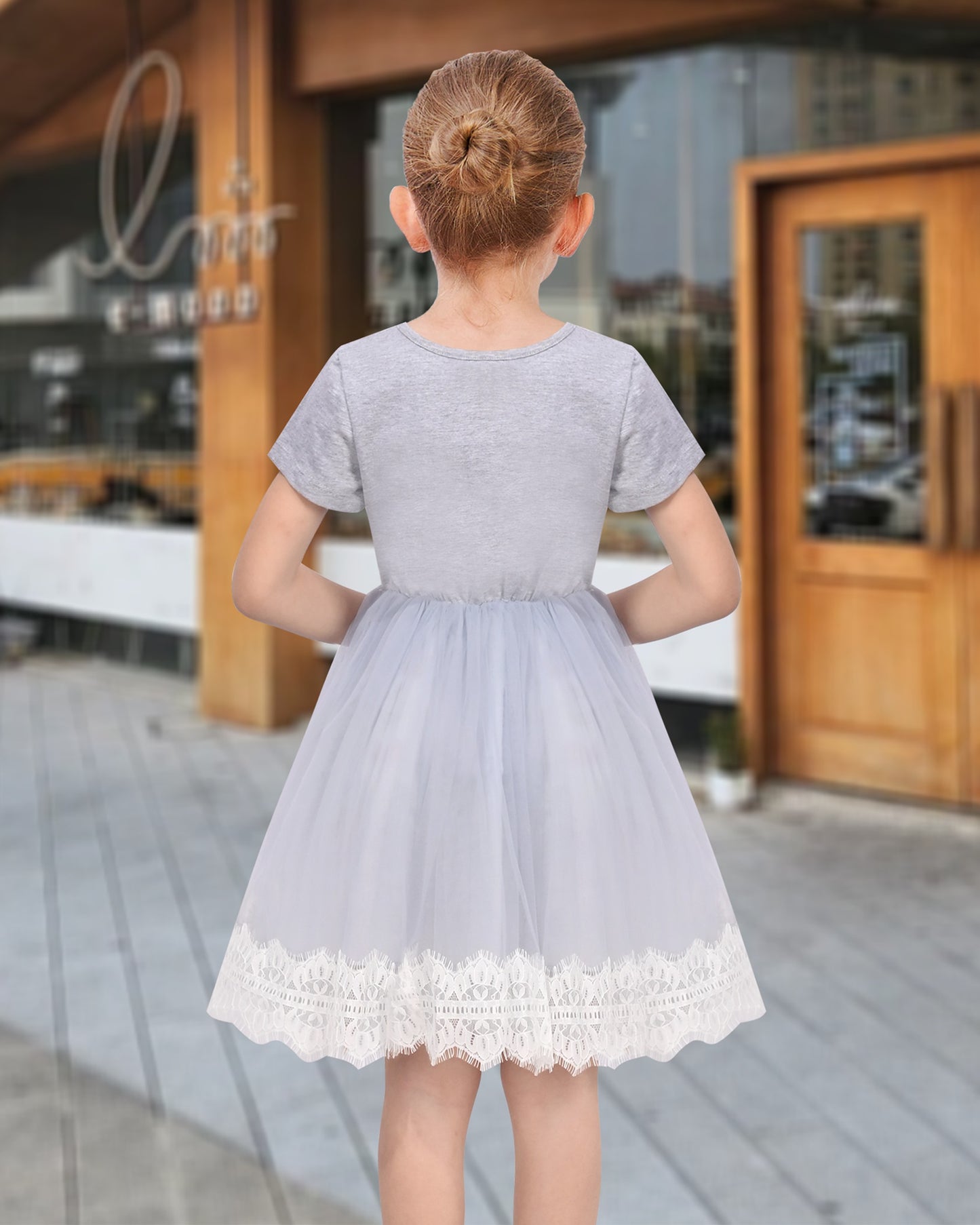 Girls Dress Dancing Girl Print Tutu Short Sleeve Sundress Gray