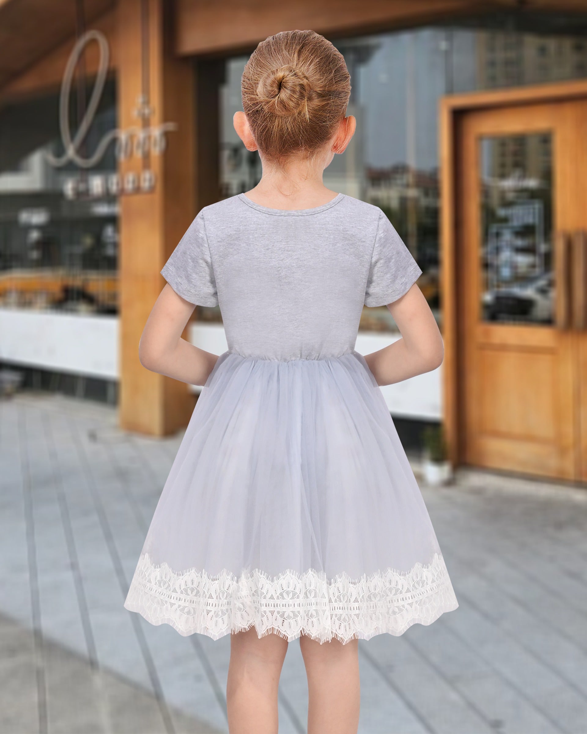 Girls Dress Dancing Girl Print Tutu Short Sleeve Sundress Gray