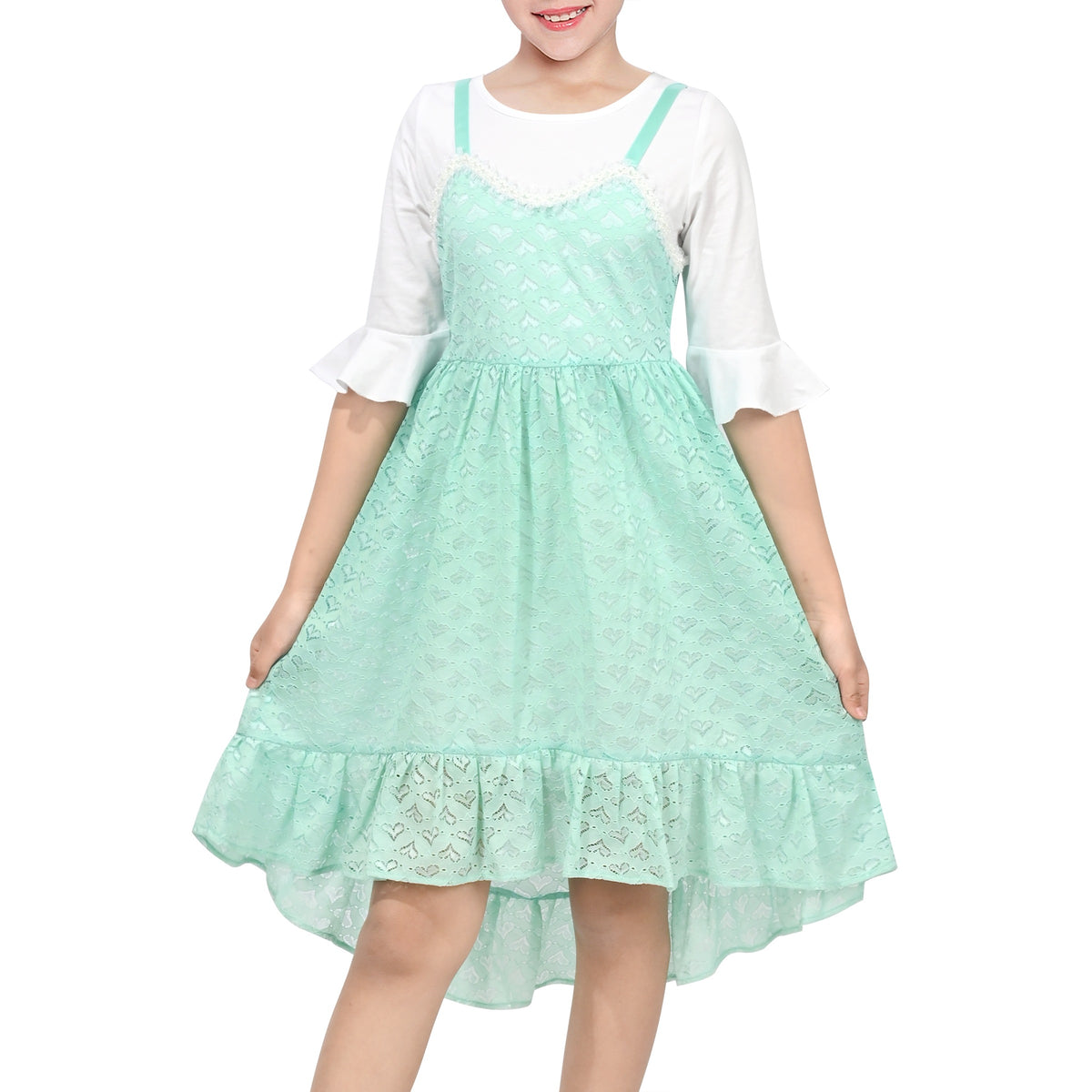 Girls Dress 2 Piece Set Green Lace Overlay Bell Sleeve Top Heart Valentine's Day High Low - Green Love Heart