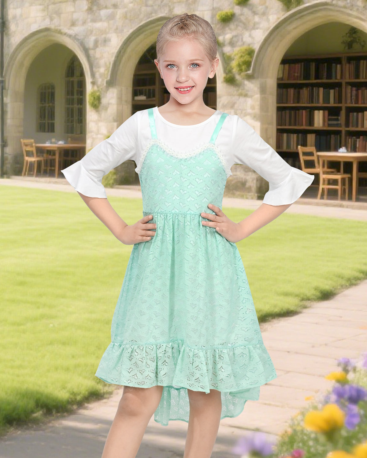 Girls Dress 2 Piece Set Green Lace Overlay Bell Sleeve Top Heart Valentine's Day High Low - Green Love Heart