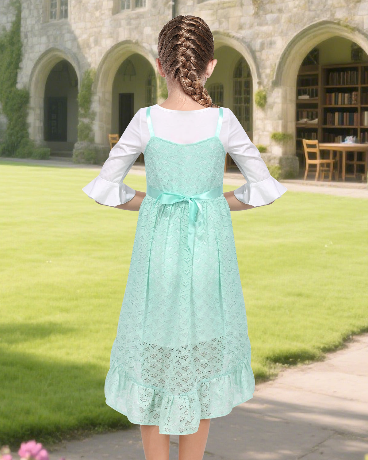 Girls Dress 2 Piece Set Green Lace Overlay Bell Sleeve Top Heart Valentine's Day High Low - Green Love Heart