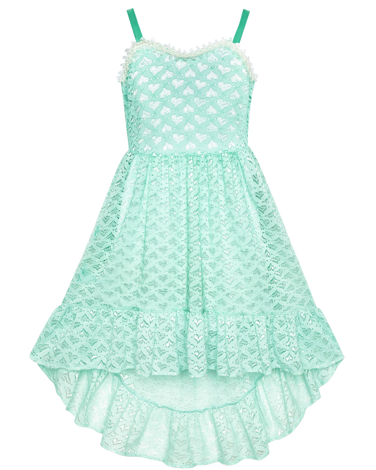 Girls Dress 2 Piece Set Green Lace Overlay Bell Sleeve Top Heart Valentine's Day High Low - Green Love Heart