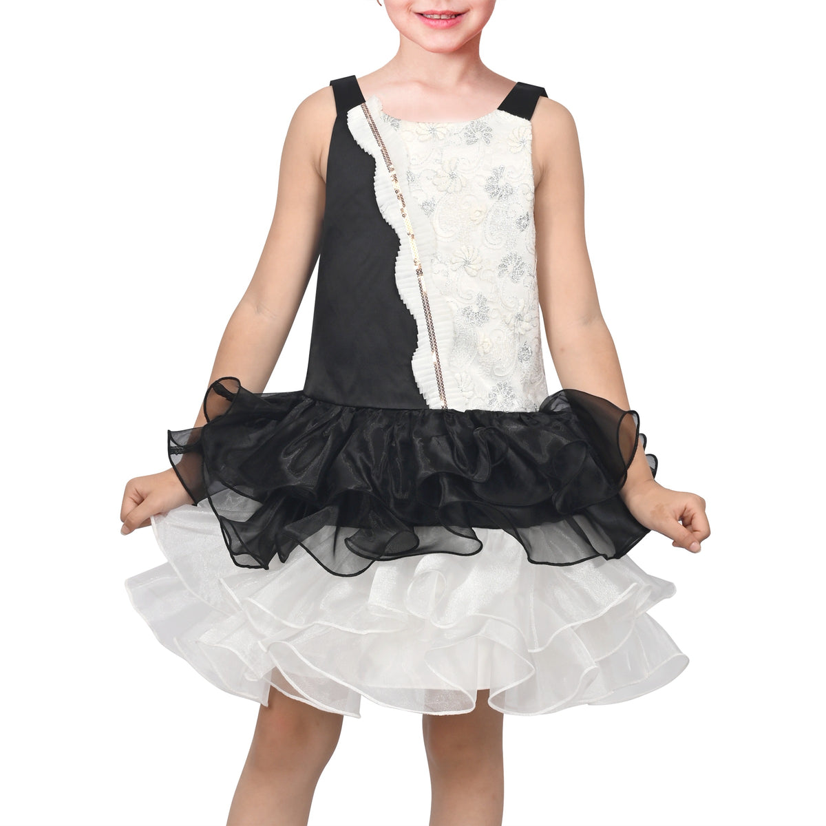Girls Dress Black White Color Contrast Tutu Dancing Dress - Black White Block