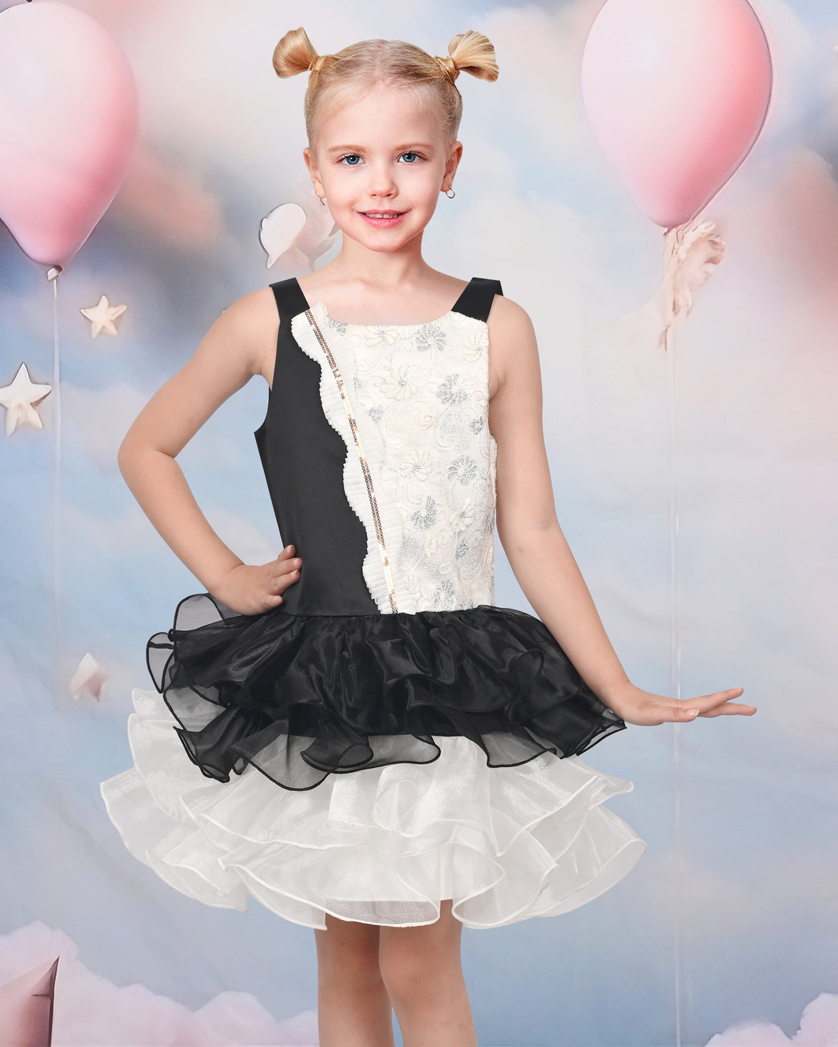 Girls Dress Black White Color Contrast Tutu Dancing Dress - Black White Block