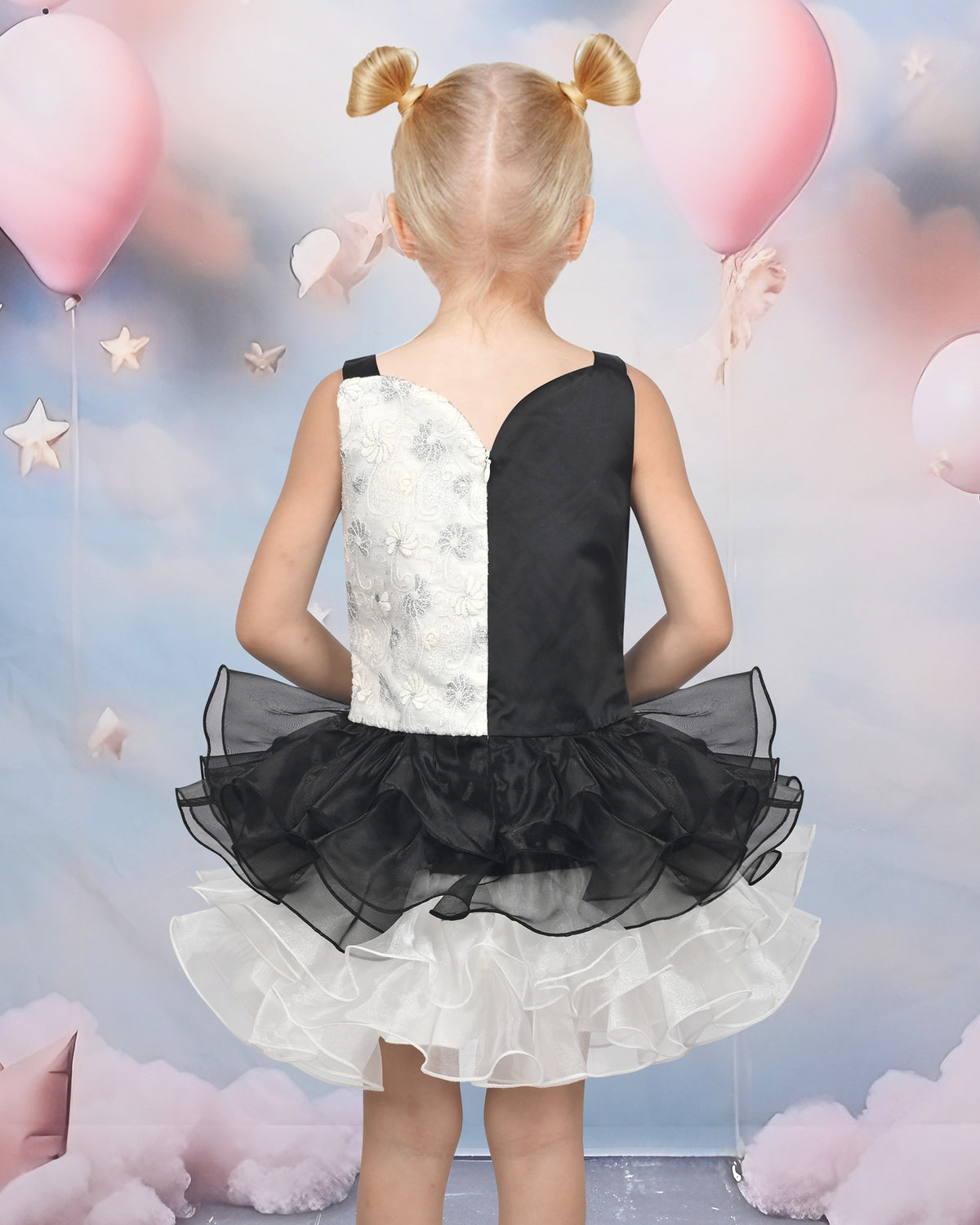 Girls Dress Black White Color Contrast Tutu Dancing Dress - Black White Block