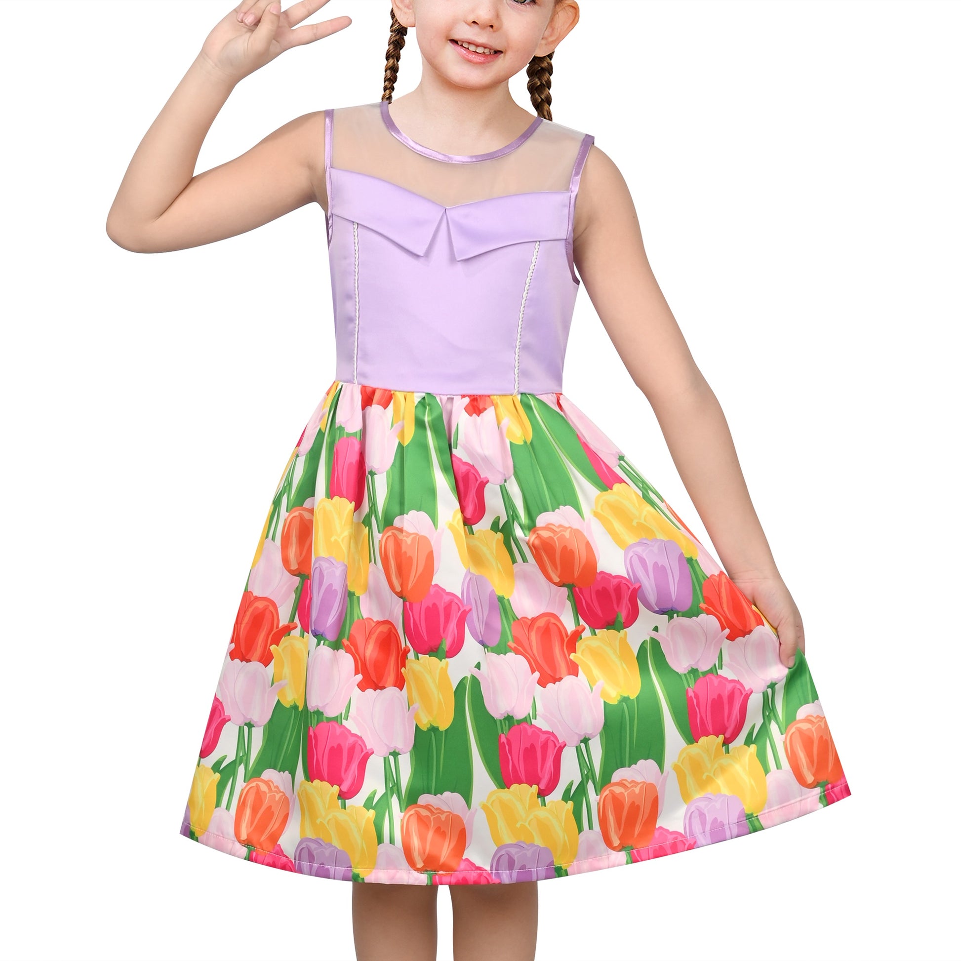 Girls Dress Transparent Shoulder Checkered Plaid Hot Pink Party Sundress Multi-Color