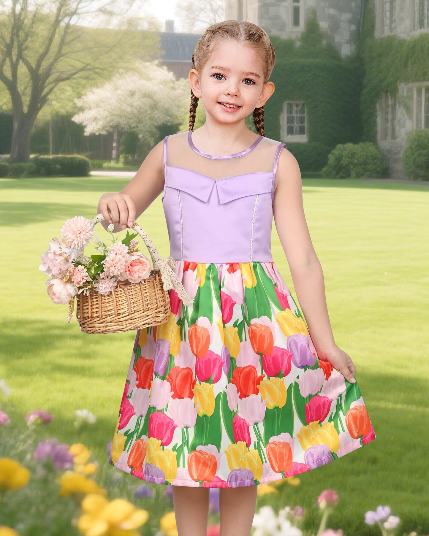 Girls Dress Transparent Shoulder Checkered Plaid Hot Pink Party Sundress Multi-Color