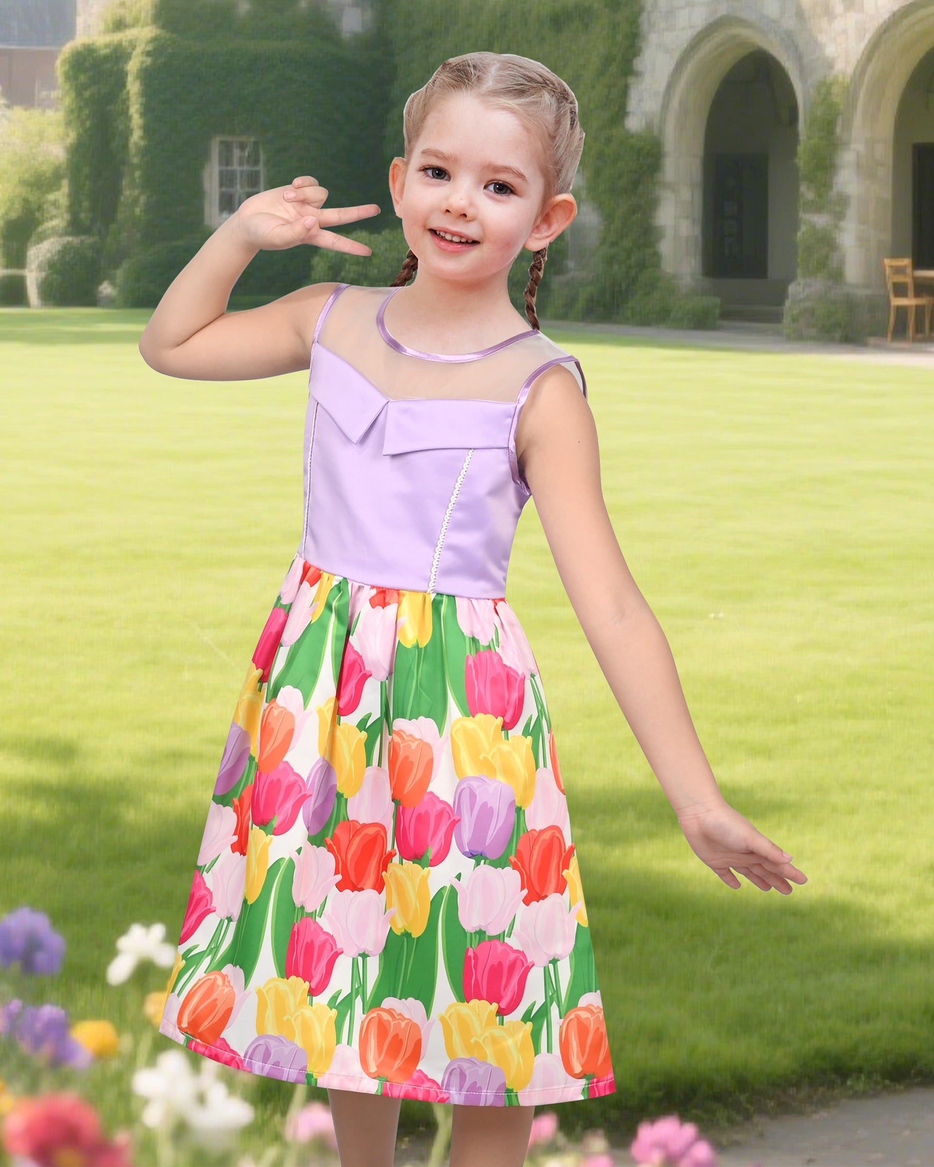 Girls Dress Transparent Shoulder Checkered Plaid Hot Pink Party Sundress Multi-Color