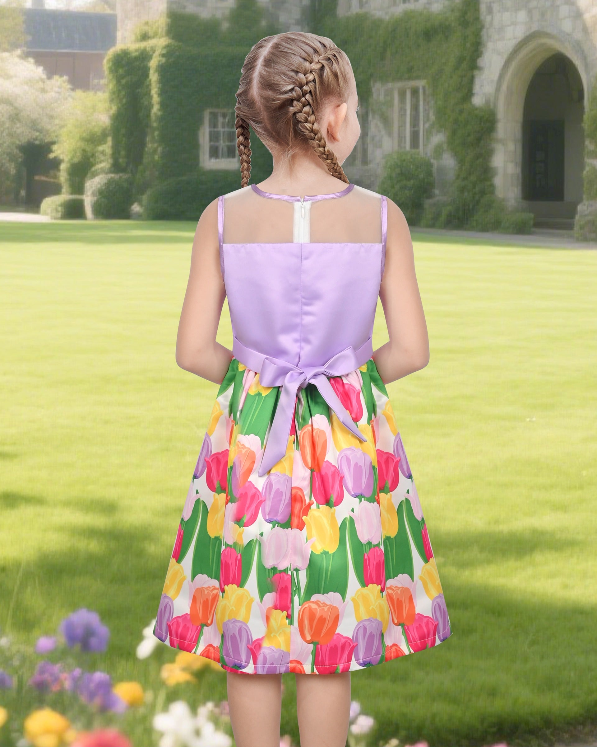 Girls Dress Transparent Shoulder Checkered Plaid Hot Pink Party Sundress Multi-Color