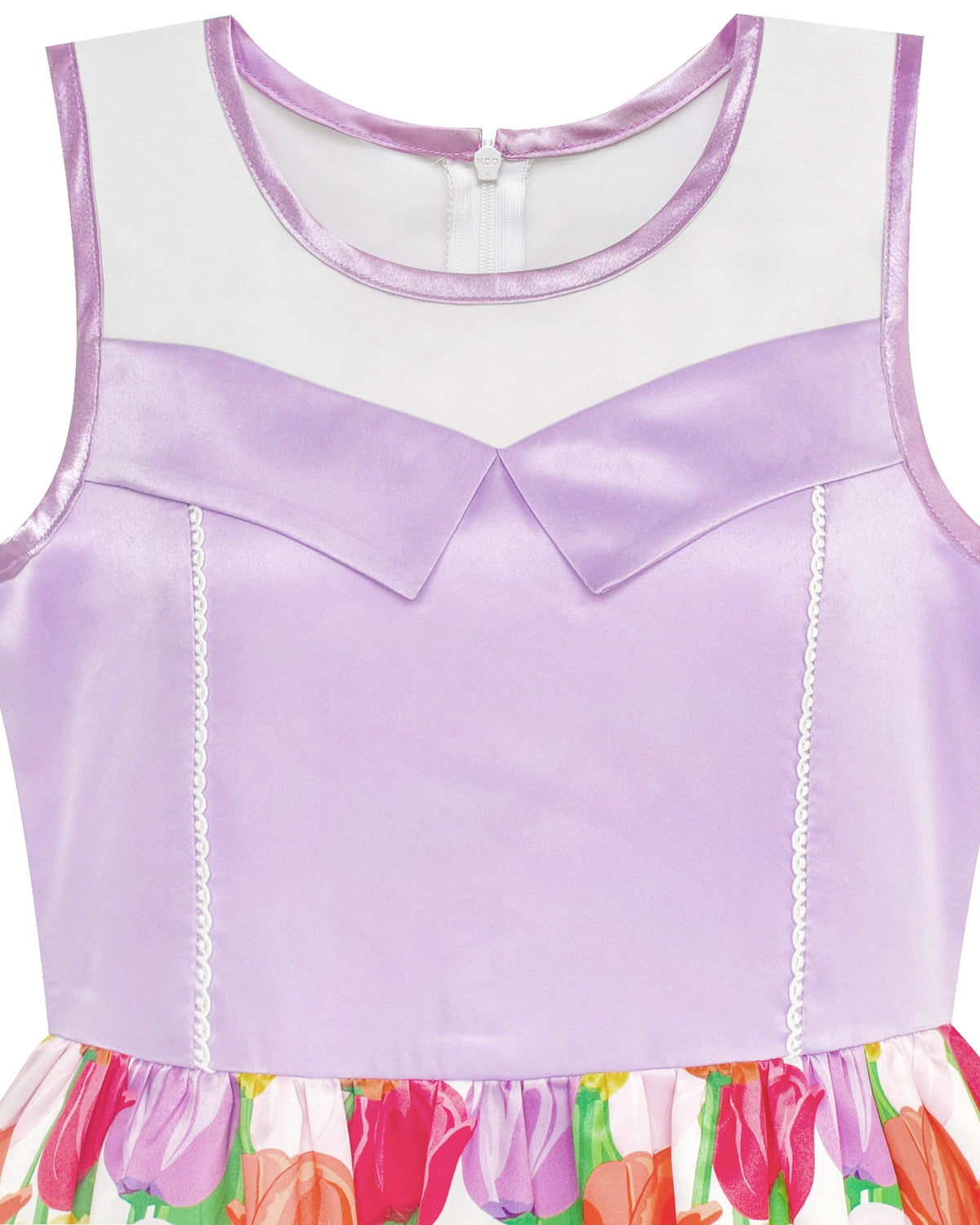 Girls Dress Transparent Shoulder Checkered Plaid Hot Pink Party Sundress - Colorful Flower Purple