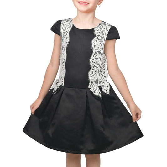 Girls Black Dress with White Lace Bow Cap Sleeve Casual Party Black