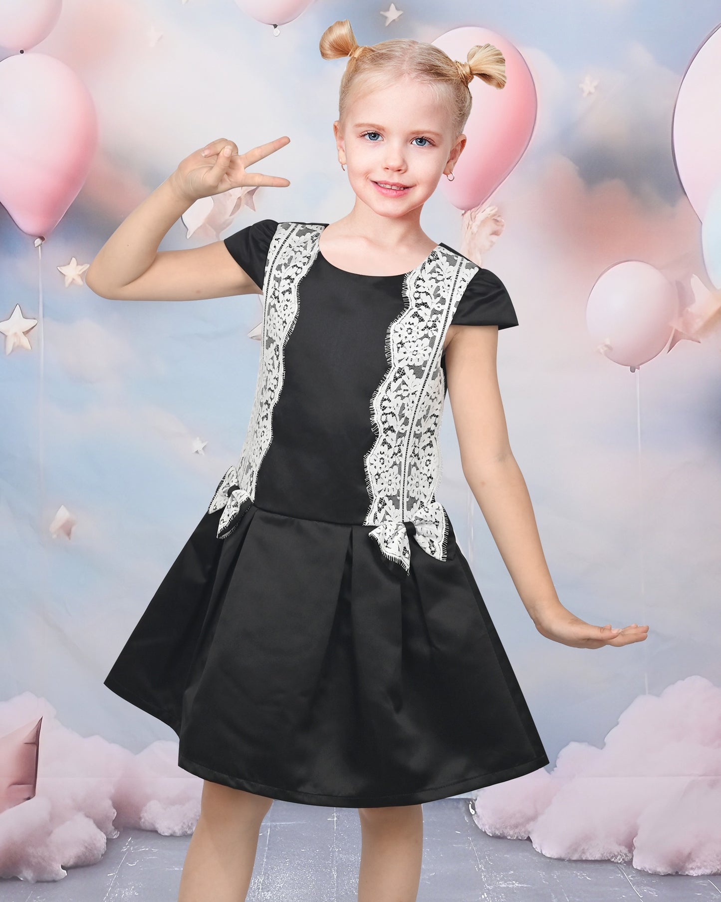 Girls Black Dress with White Lace Bow Cap Sleeve Casual Party Black