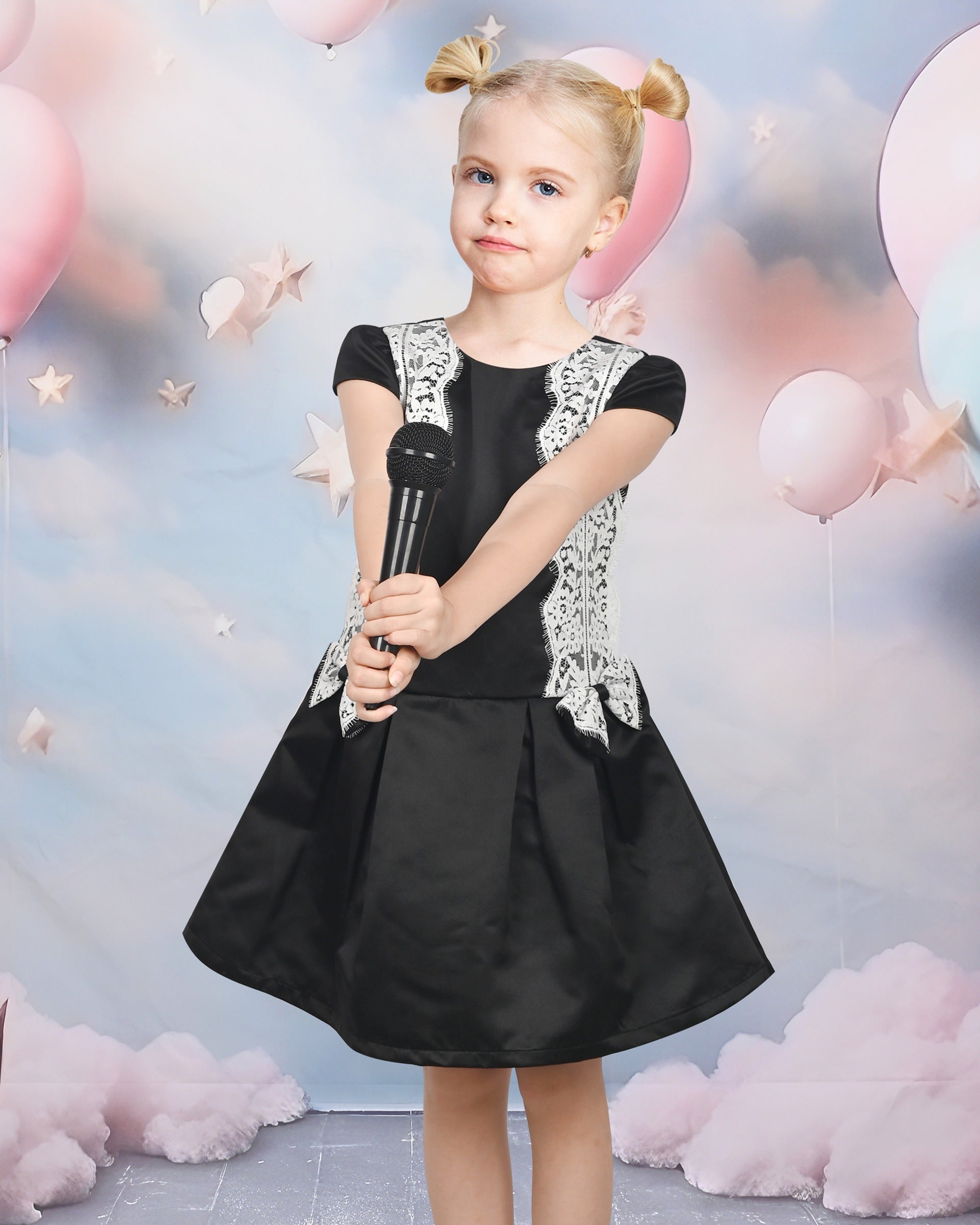 Girls Black Dress with White Lace Bow Cap Sleeve Casual Party Black
