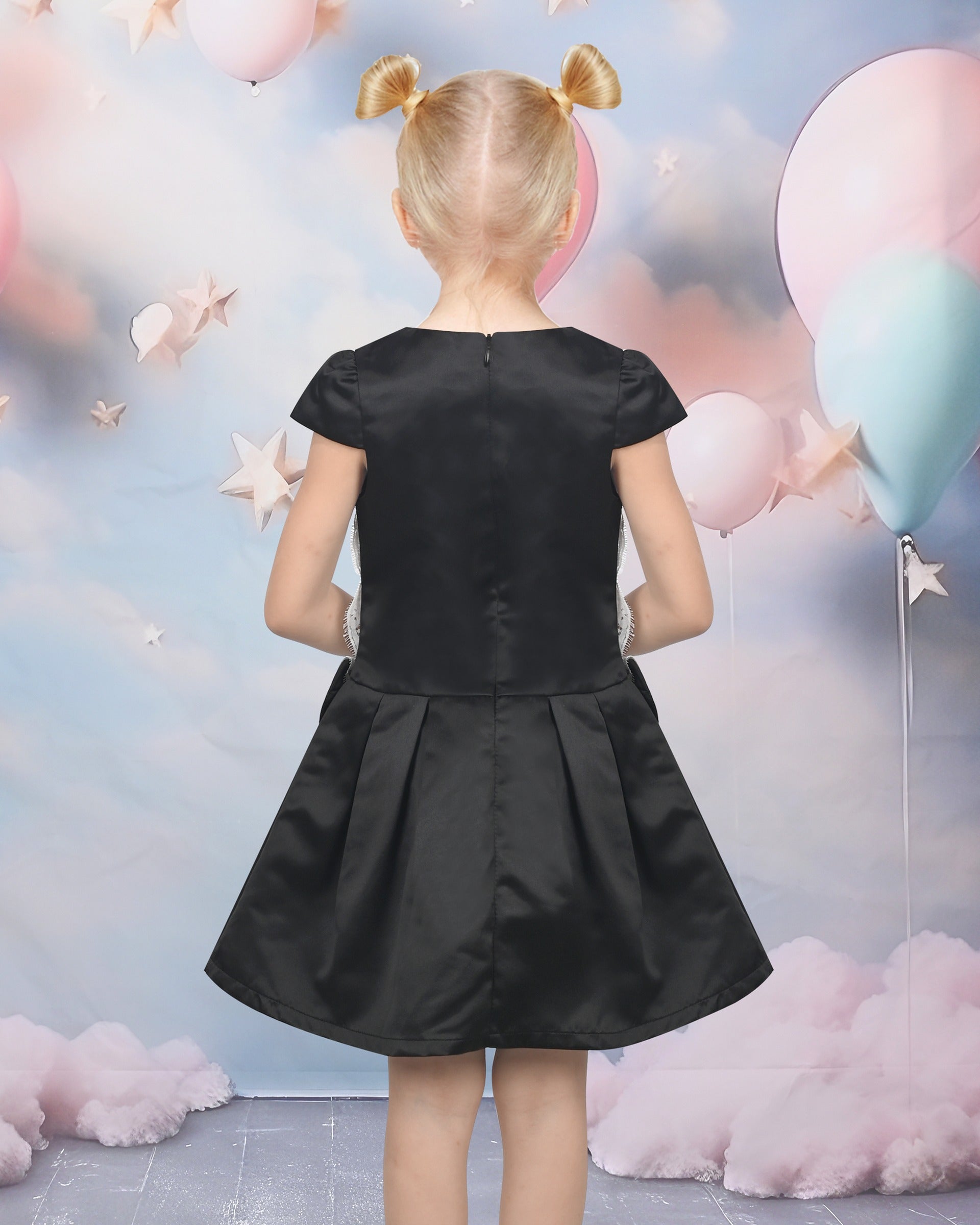Girls Black Dress with White Lace Bow Cap Sleeve Casual Party Black