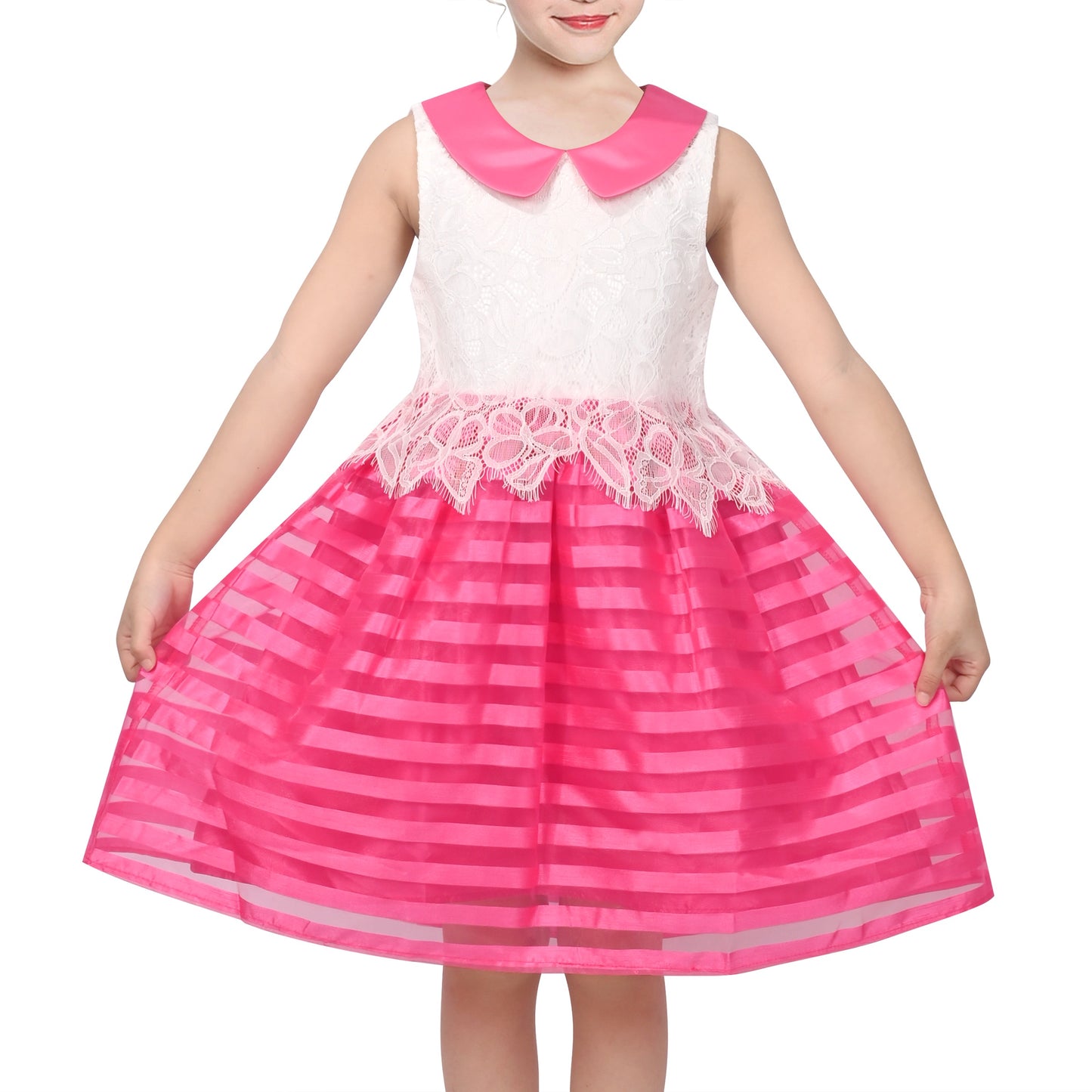 Girls Dress White Lace Sleeveless Pink Stripe Casual Party Sundress Red