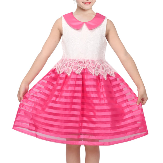 Girls Dress White Lace Sleeveless Pink Stripe Casual Party Sundress Red