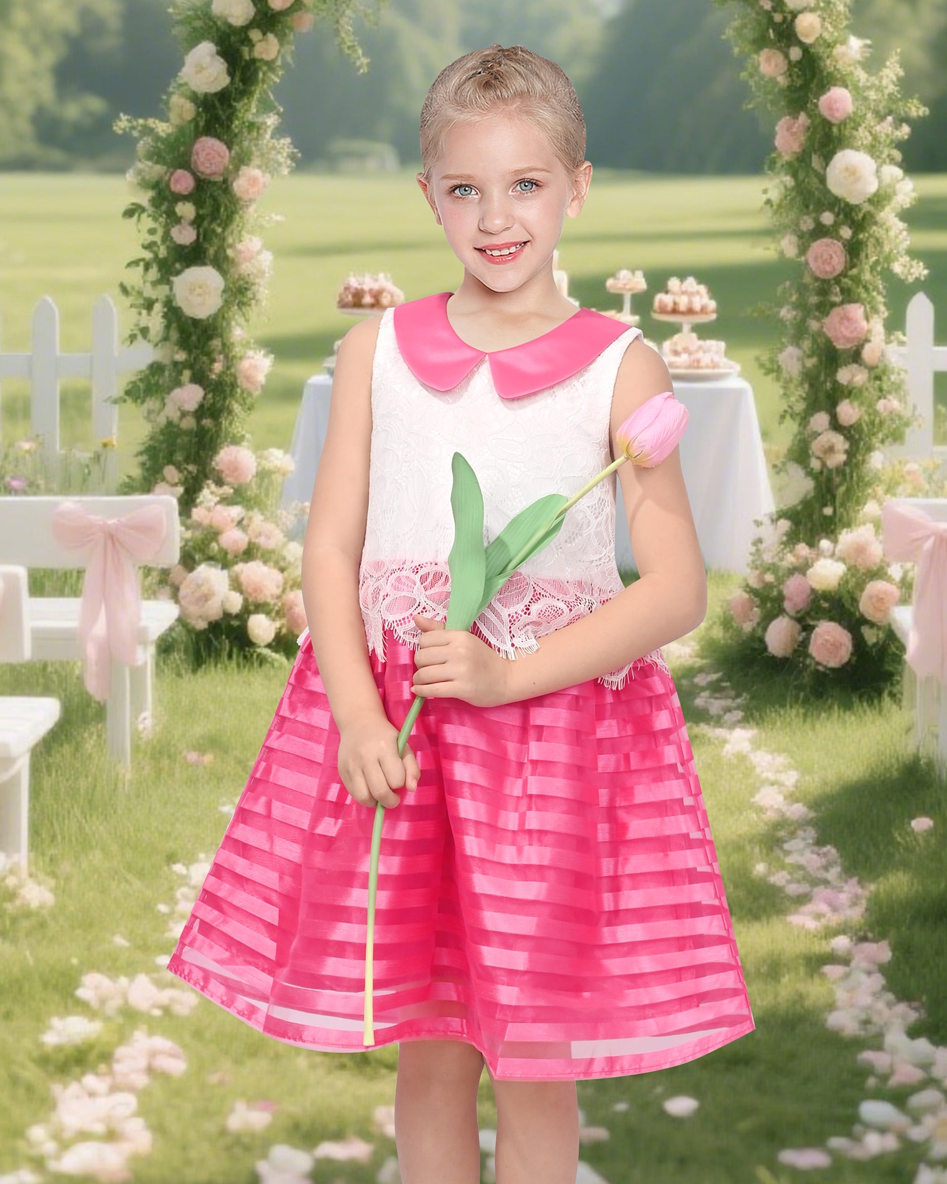 Girls Dress White Lace Sleeveless Pink Stripe Casual Party Sundress Red