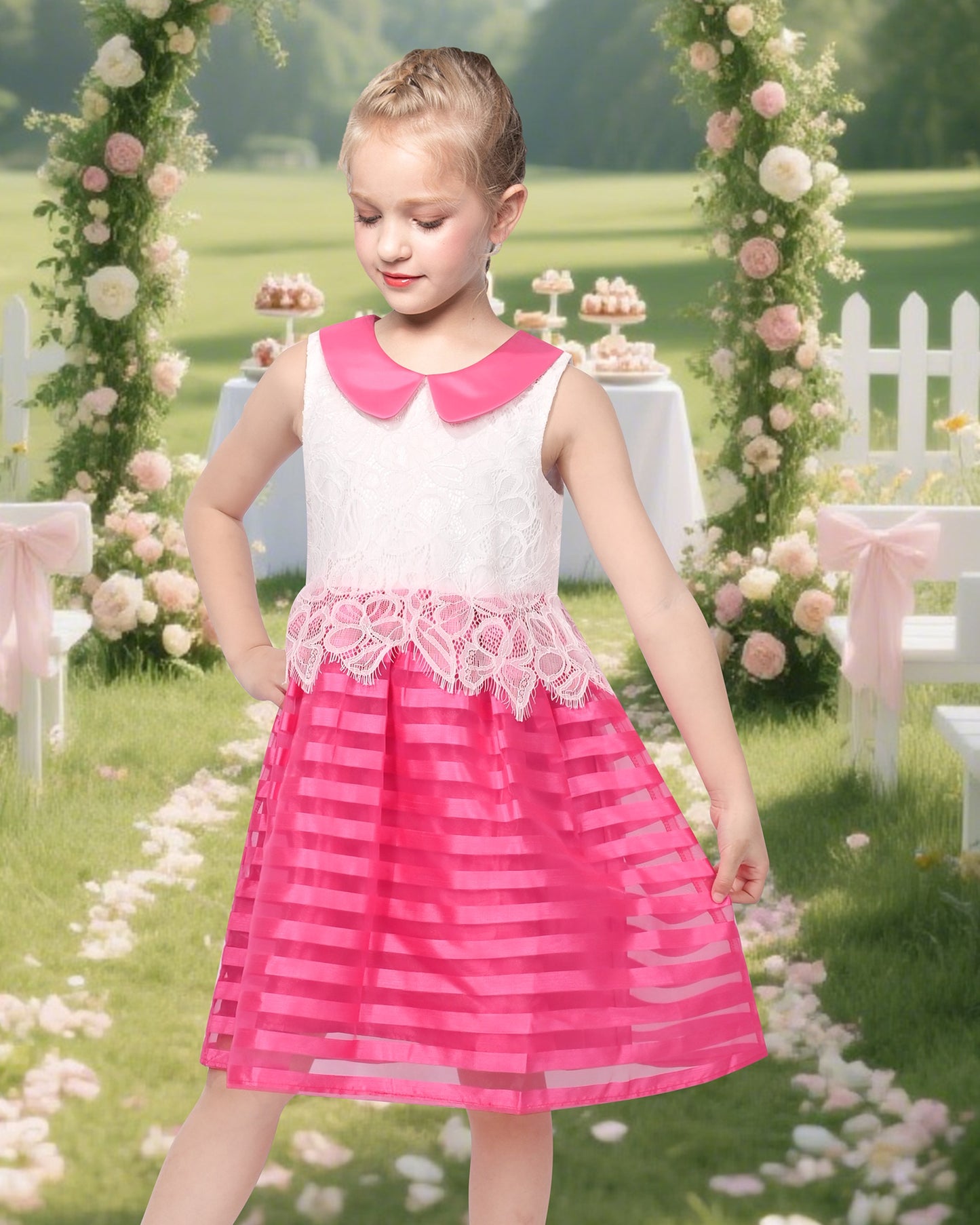 Girls Dress White Lace Sleeveless Pink Stripe Casual Party Sundress Red