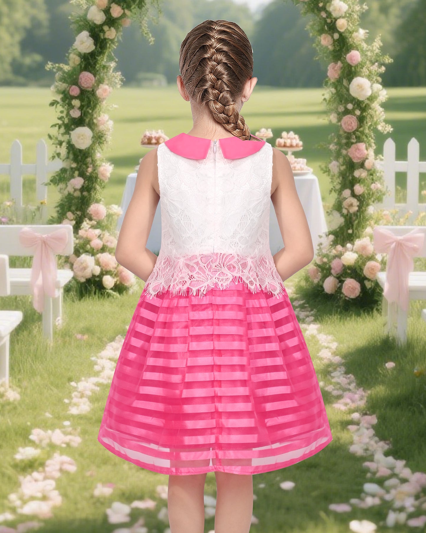 Girls Dress White Lace Sleeveless Pink Stripe Casual Party Sundress Red