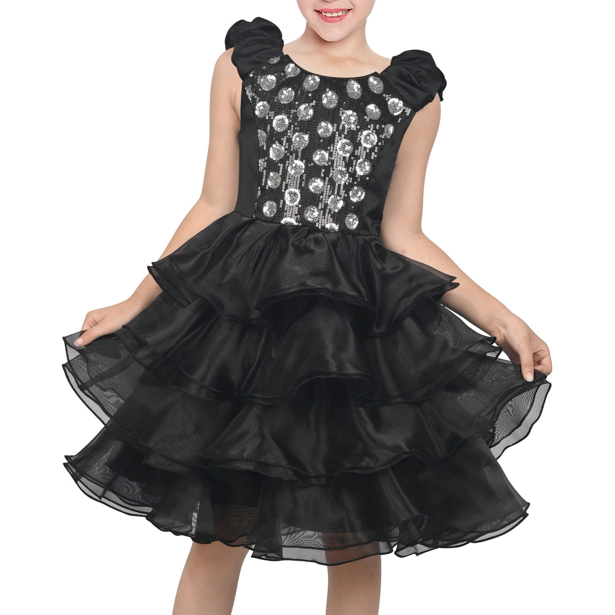 Girls Dress Black White Color Contrast Tutu Dancing Dress - Black Sequin Tier