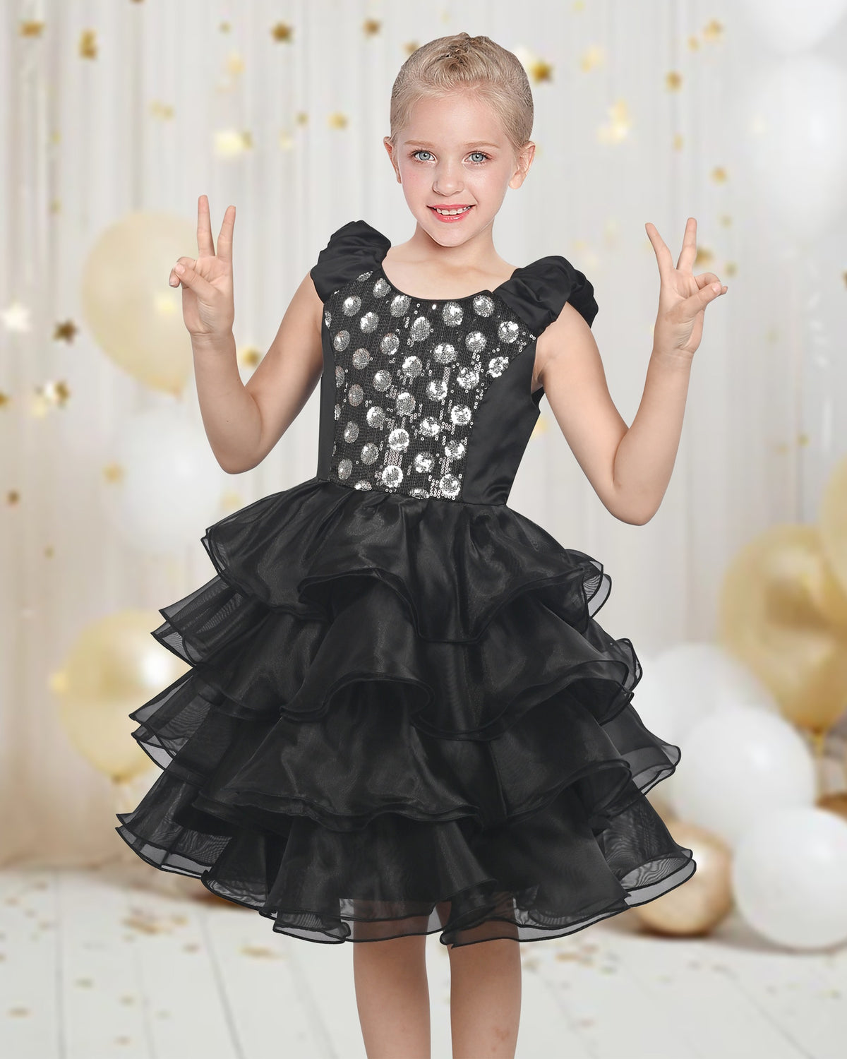 Girls Dress Black White Color Contrast Tutu Dancing Dress - Black Sequin Tier