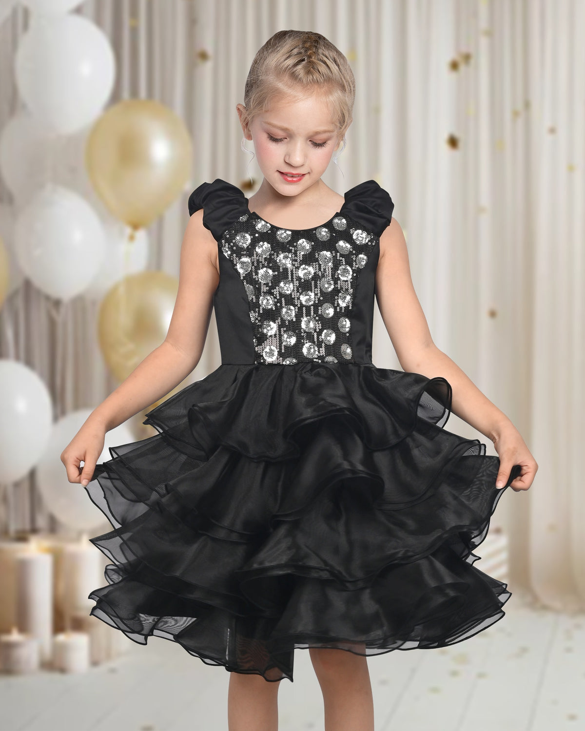 Girls Dress Black White Color Contrast Tutu Dancing Dress - Black Sequin Tier
