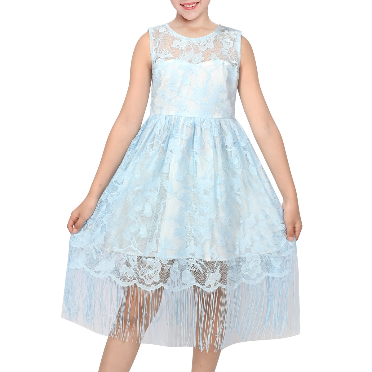 Girls Pink Lace Sleeveless Fringe Hem Summer Wedding Party Dresses for Girls - Sky Blue Lace