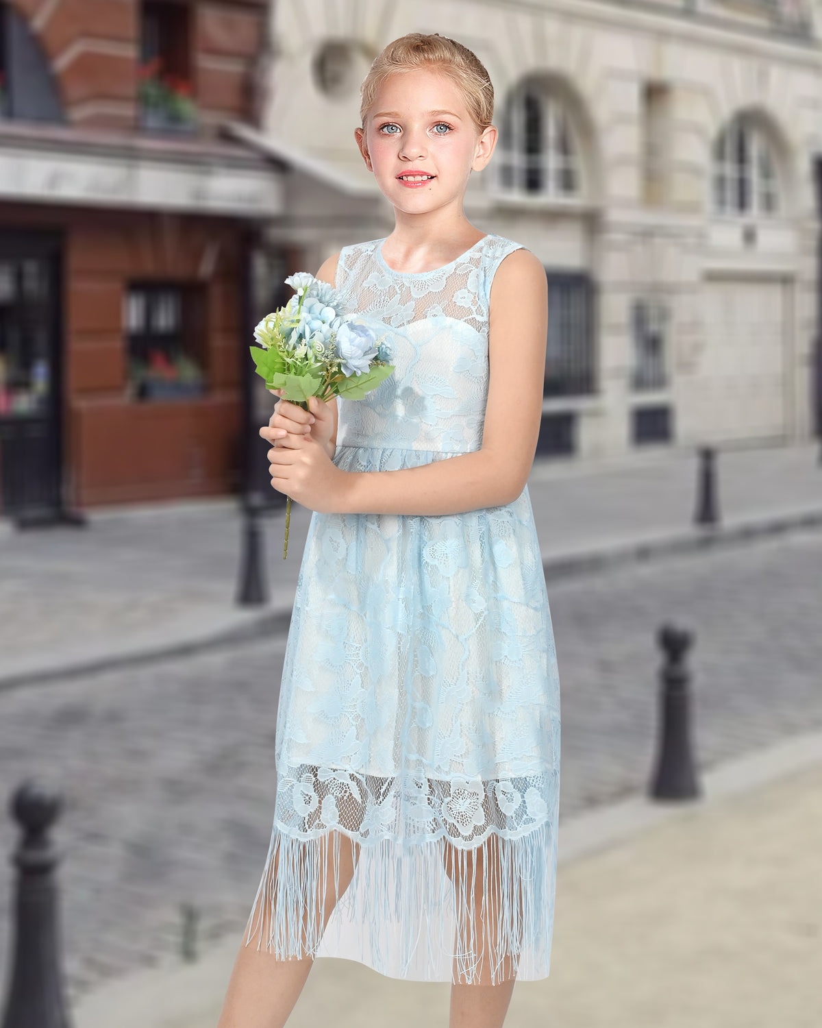 Girls Pink Lace Sleeveless Fringe Hem Summer Wedding Party Dresses for Girls - Sky Blue Lace