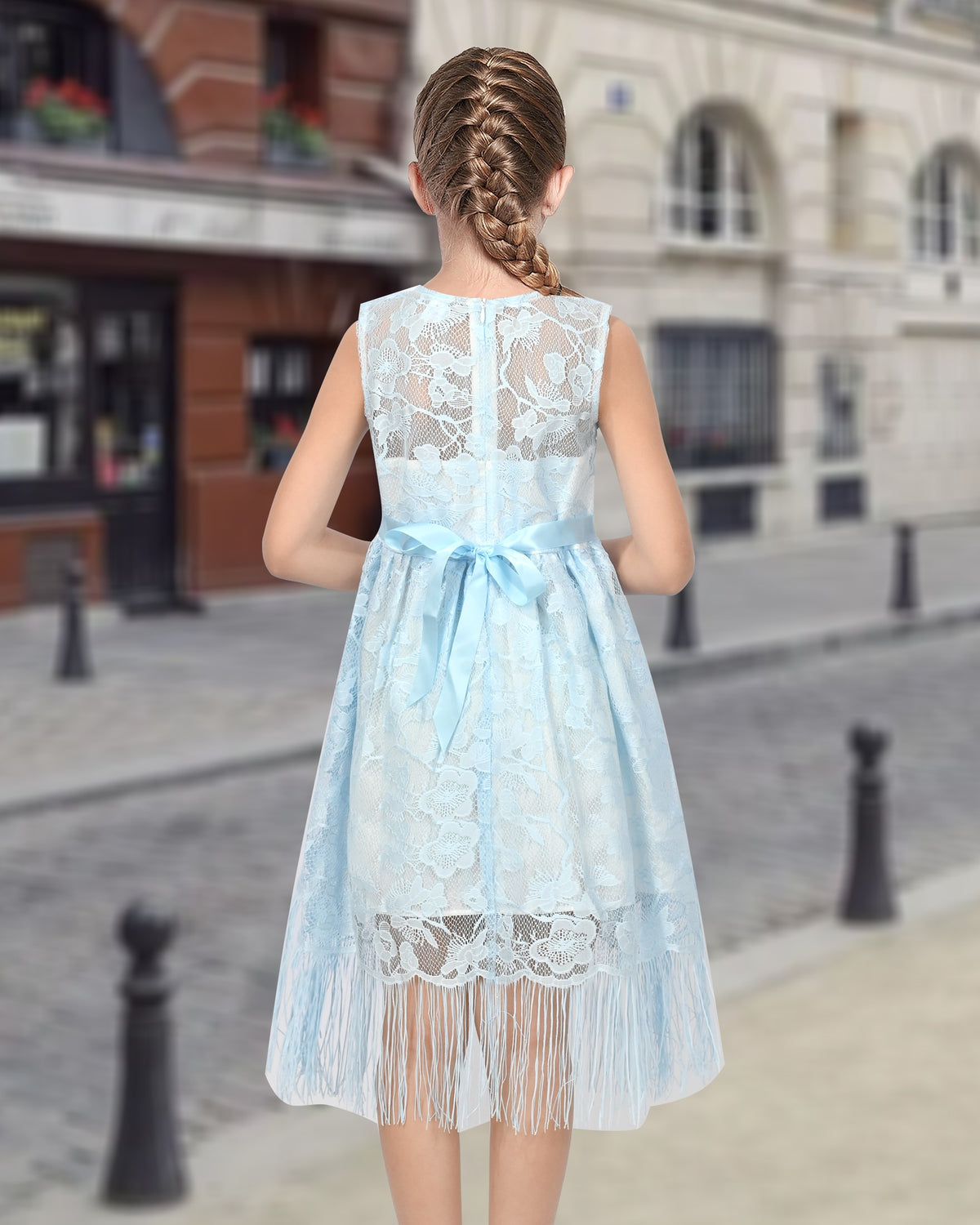 Girls Pink Lace Sleeveless Fringe Hem Summer Wedding Party Dresses for Girls - Sky Blue Lace