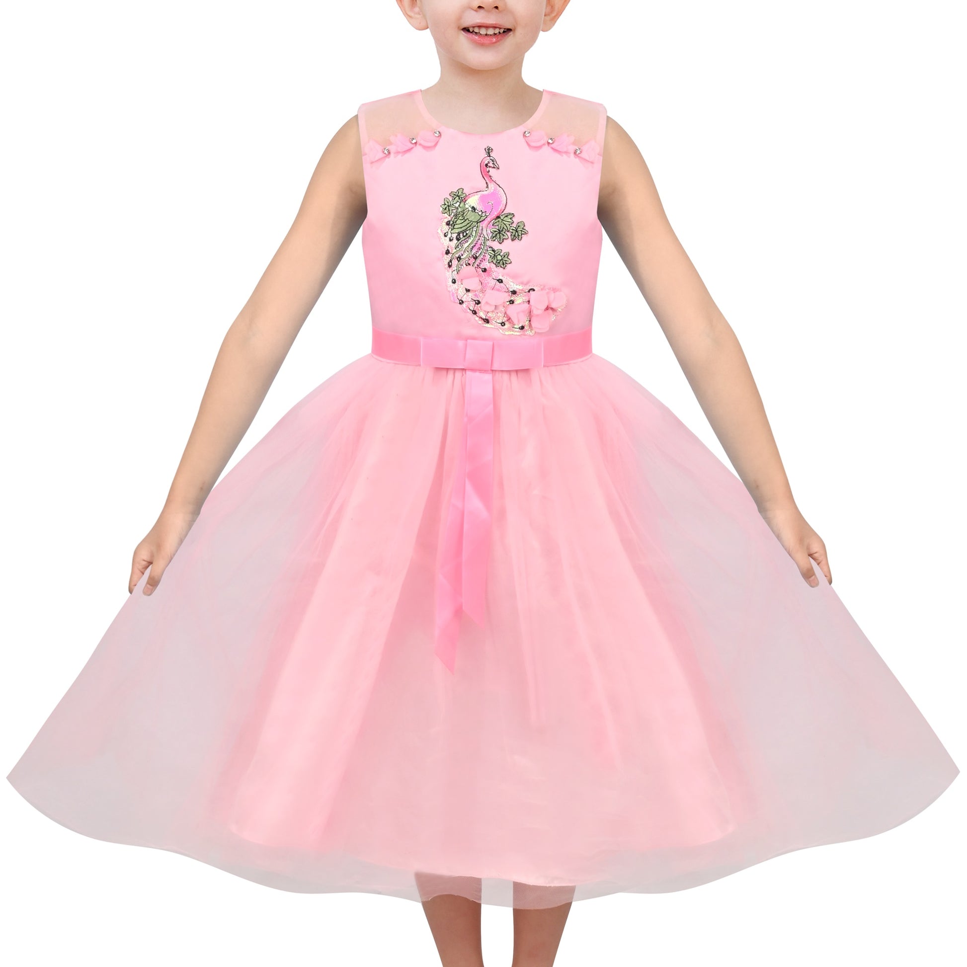 Girls Flower Applique Dress White and Blue Sleeveless Tea Length with Tulle Skirt Party Wedding Flower Girl Dress Pink