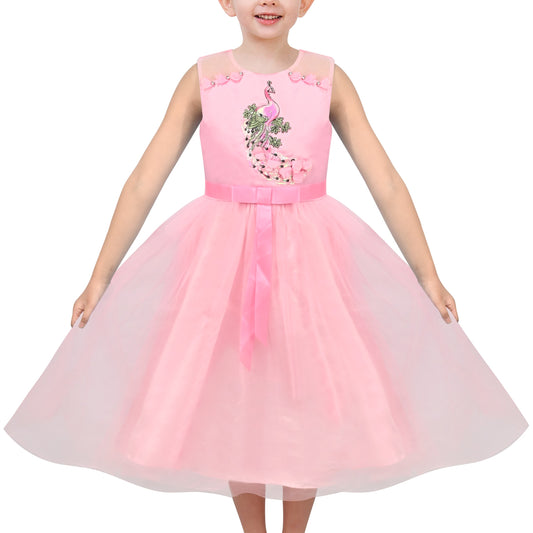 Girls Flower Applique Dress White and Blue Sleeveless Tea Length with Tulle Skirt Party Wedding Flower Girl Dress Pink