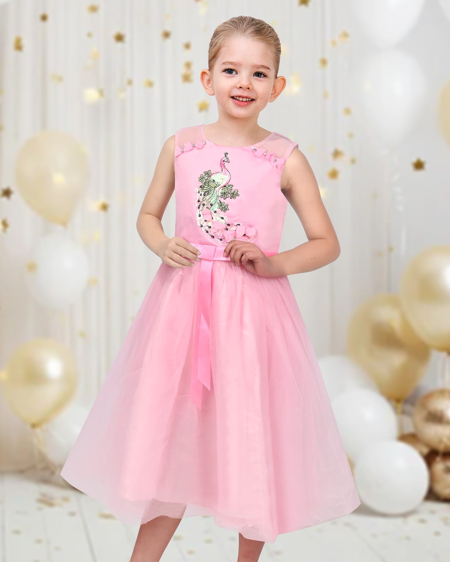 Girls Flower Applique Dress White and Blue Sleeveless Tea Length with Tulle Skirt Party Wedding Flower Girl Dress Pink
