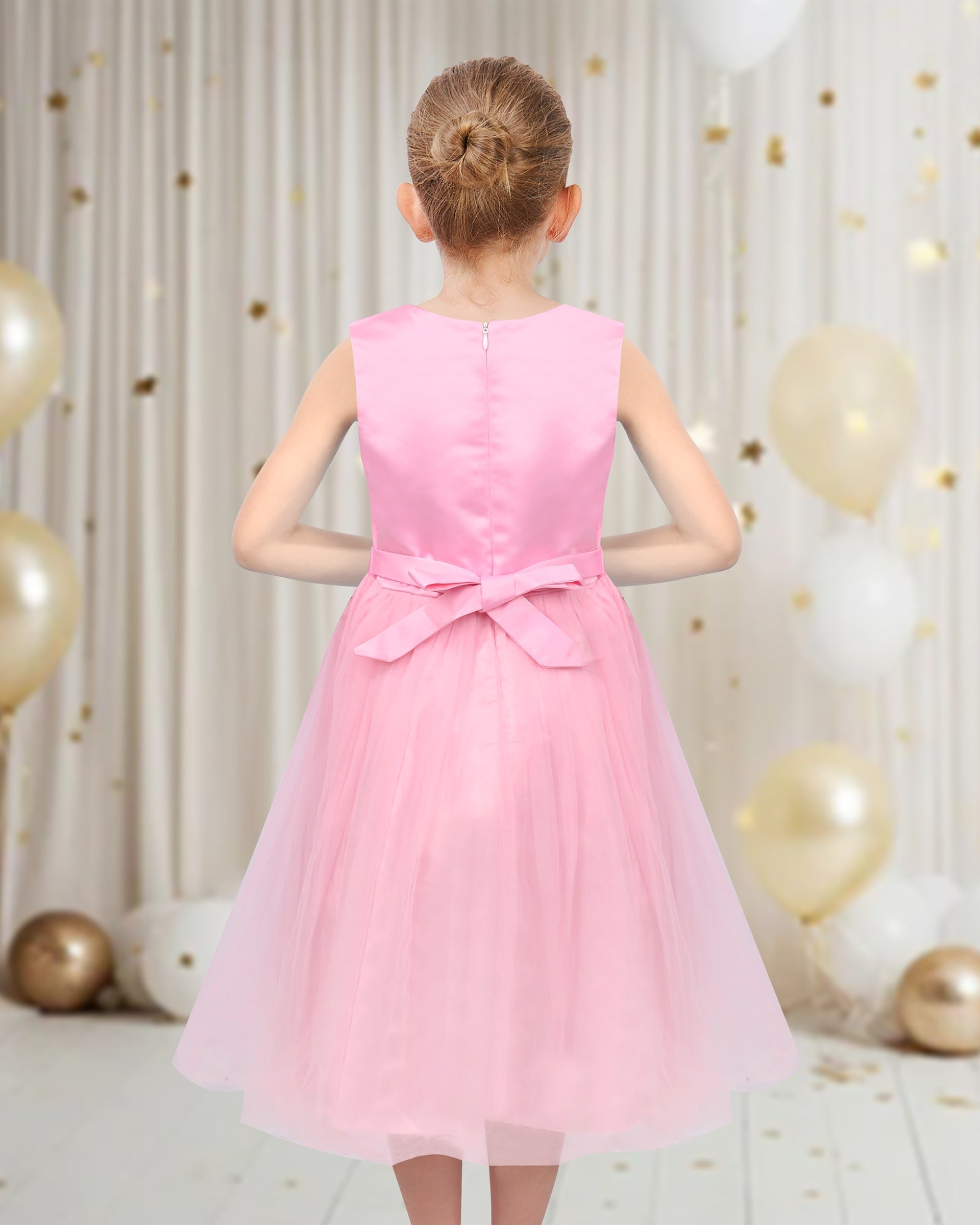 Girls Flower Applique Dress White and Blue Sleeveless Tea Length with Tulle Skirt Party Wedding Flower Girl Dress Pink