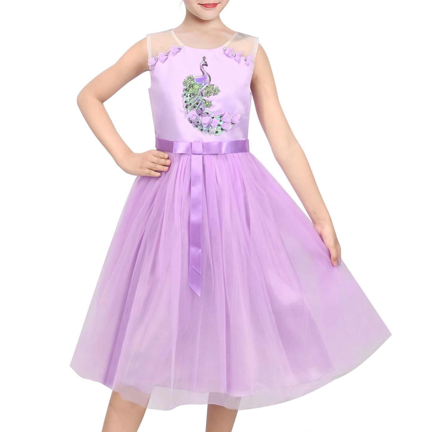 Girls Flower Applique Dress White and Blue Sleeveless Tea Length with Tulle Skirt Party Wedding Flower Girl Dress Purple