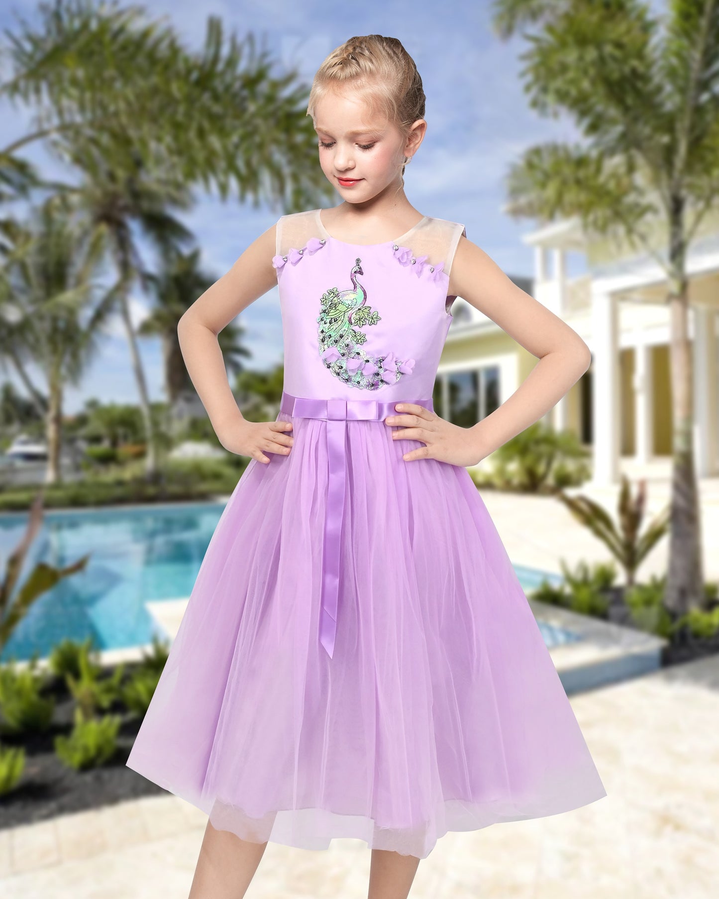 Girls Flower Applique Dress White and Blue Sleeveless Tea Length with Tulle Skirt Party Wedding Flower Girl Dress Purple