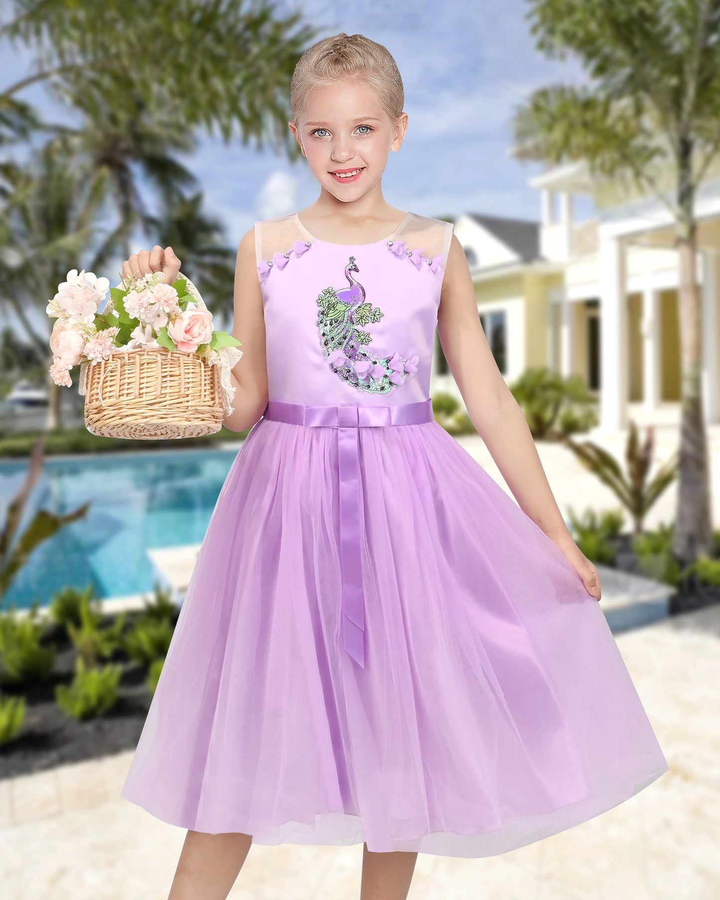 Girls Flower Applique Dress White and Blue Sleeveless Tea Length with Tulle Skirt Party Wedding Flower Girl Dress Purple