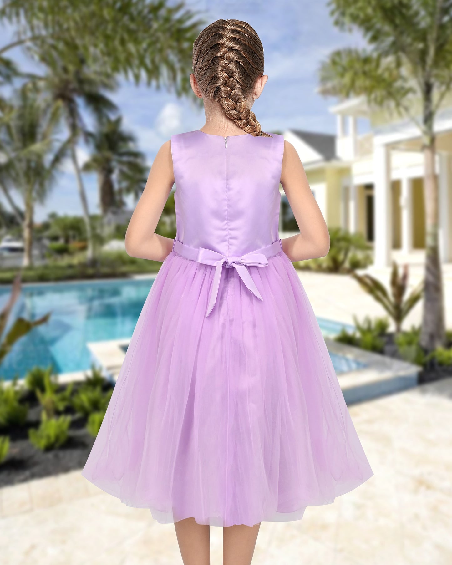 Girls Flower Applique Dress White and Blue Sleeveless Tea Length with Tulle Skirt Party Wedding Flower Girl Dress Purple