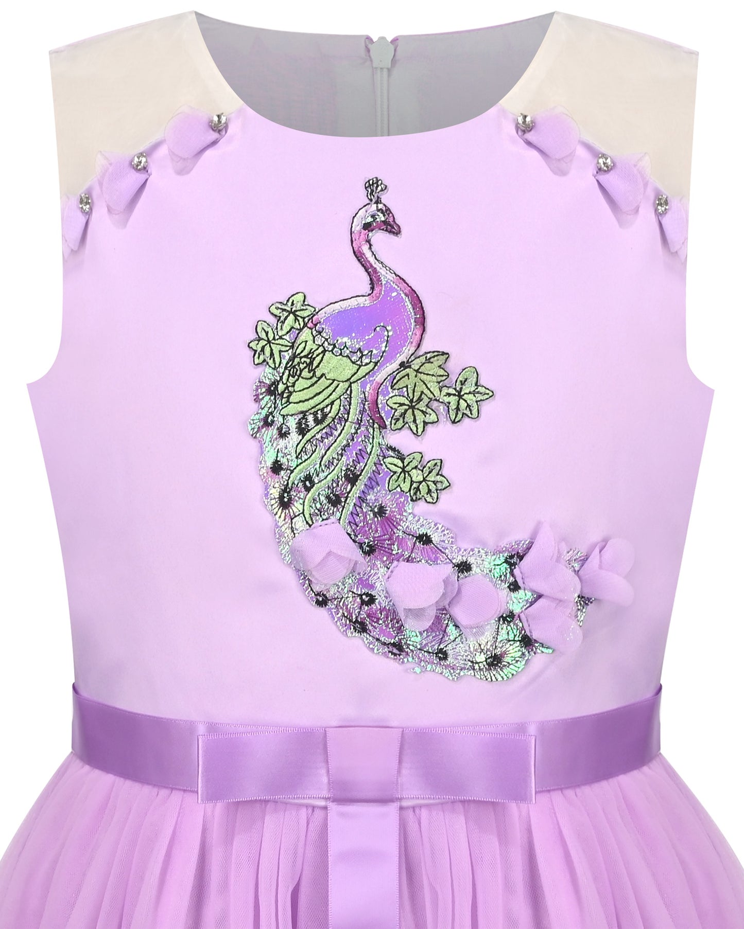 Girls Flower Applique Dress White and Blue Sleeveless Tea Length with Tulle Skirt Party Wedding Flower Girl Dress Purple